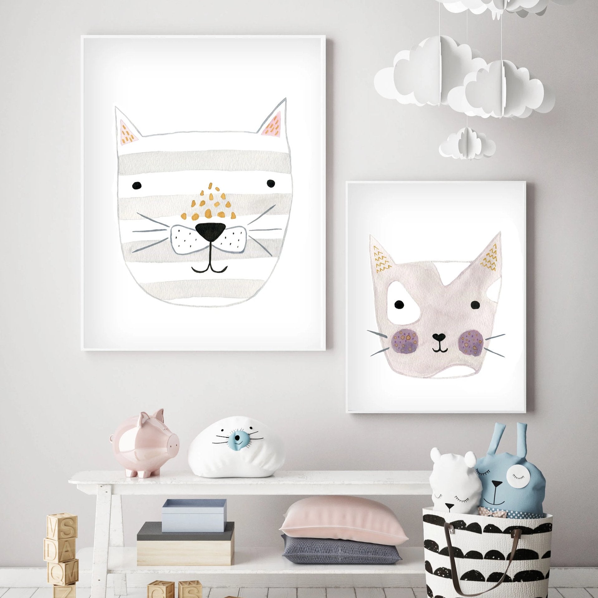 Set of 2 Kitty Cats - Nursery Wall Art - The Small Art Project