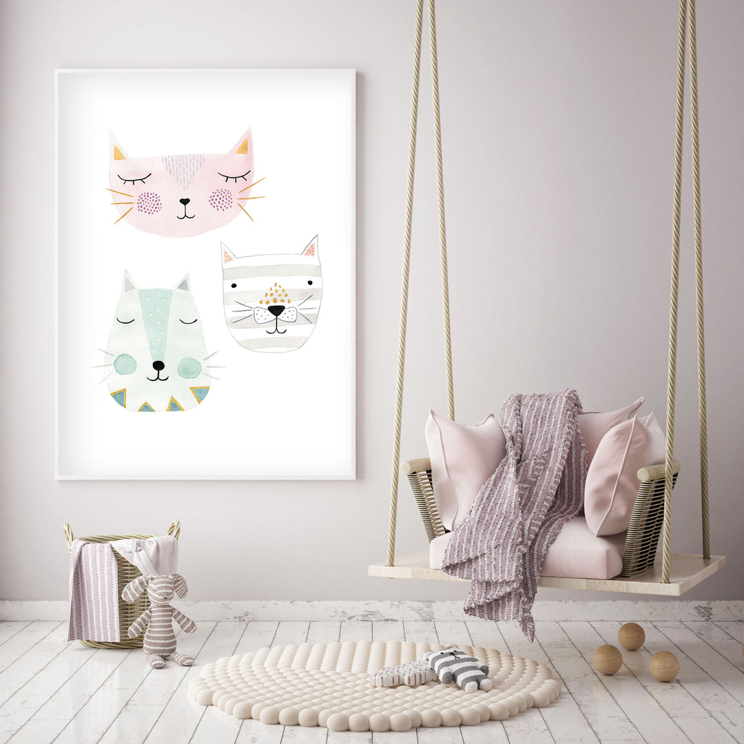 3 Kitty Cat Friends - Nursery Wall Art - The Small Art Project