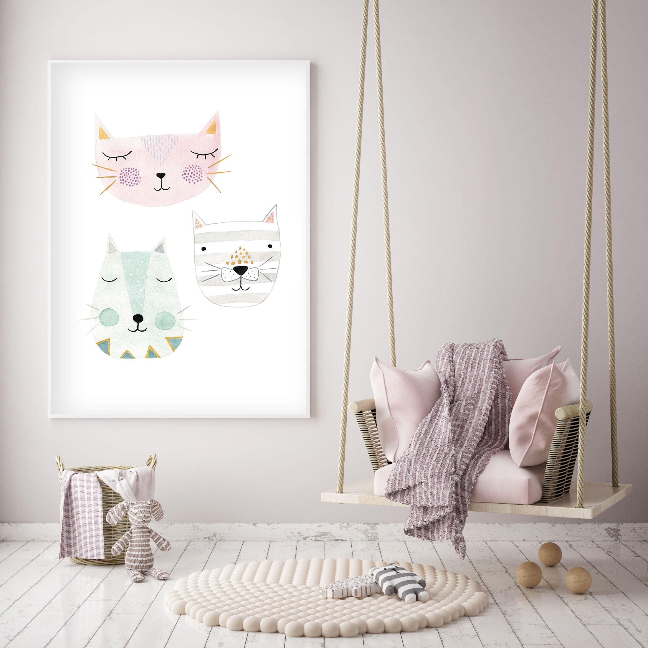 3 Kitty Cat Friends - Nursery Wall Art - The Small Art Project