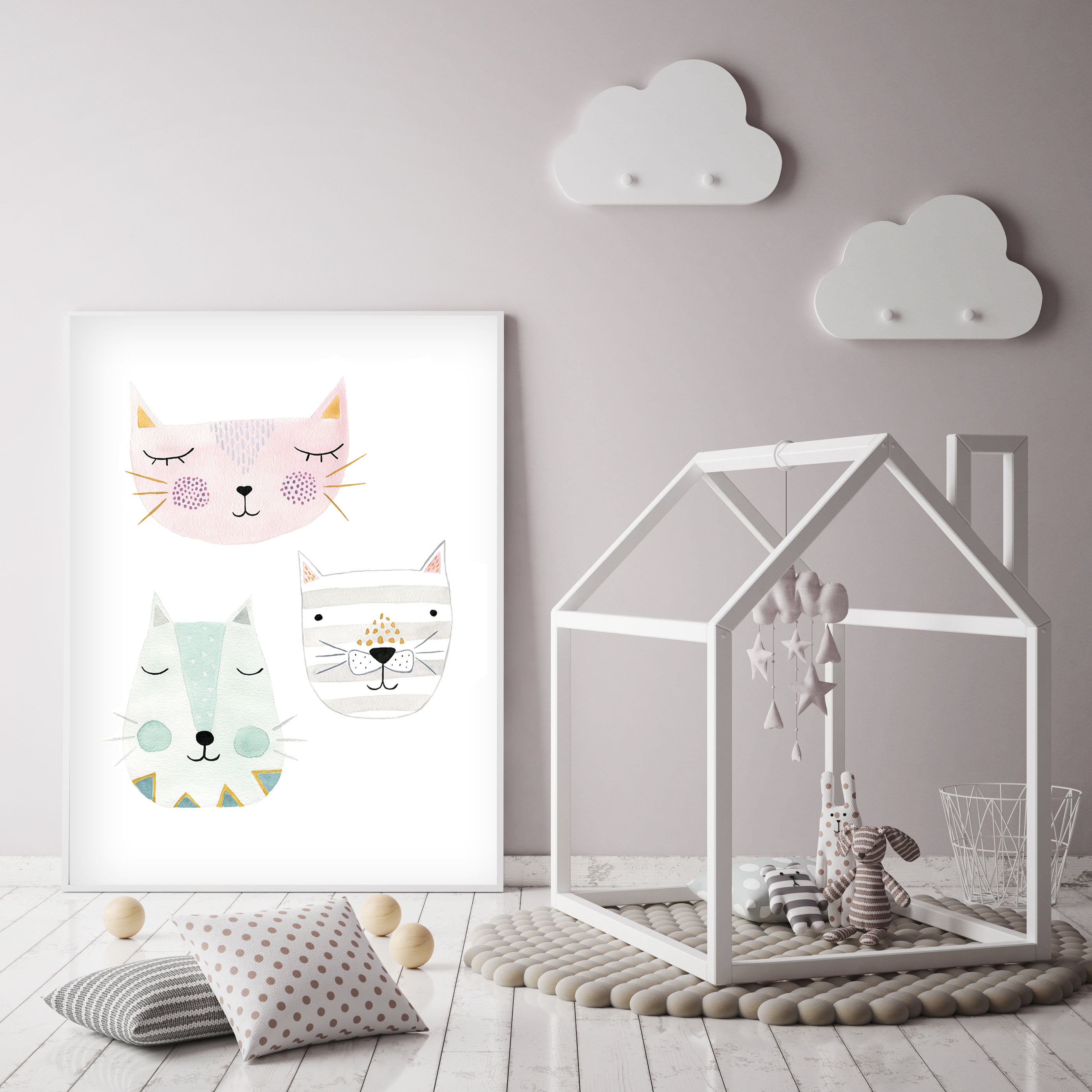 3 Kitty Cat Friends - Nursery Wall Art - The Small Art Project