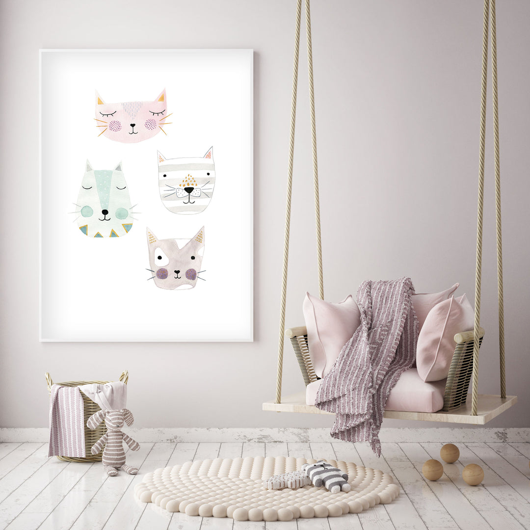 4 Kitty Cat Friends - Nursery Wall Art - The Small Art Project