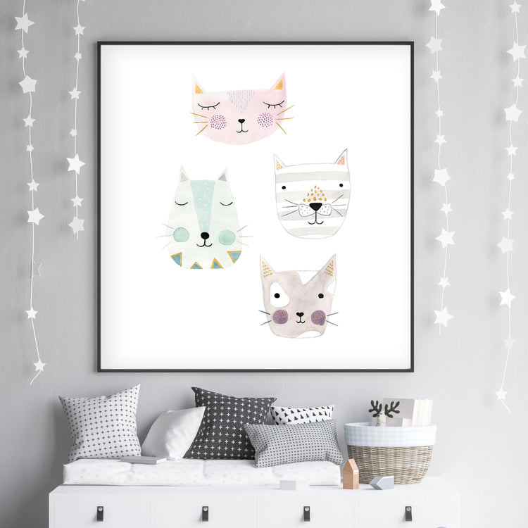 4 Kitty Cat Friends - Nursery Wall Art - The Small Art Project