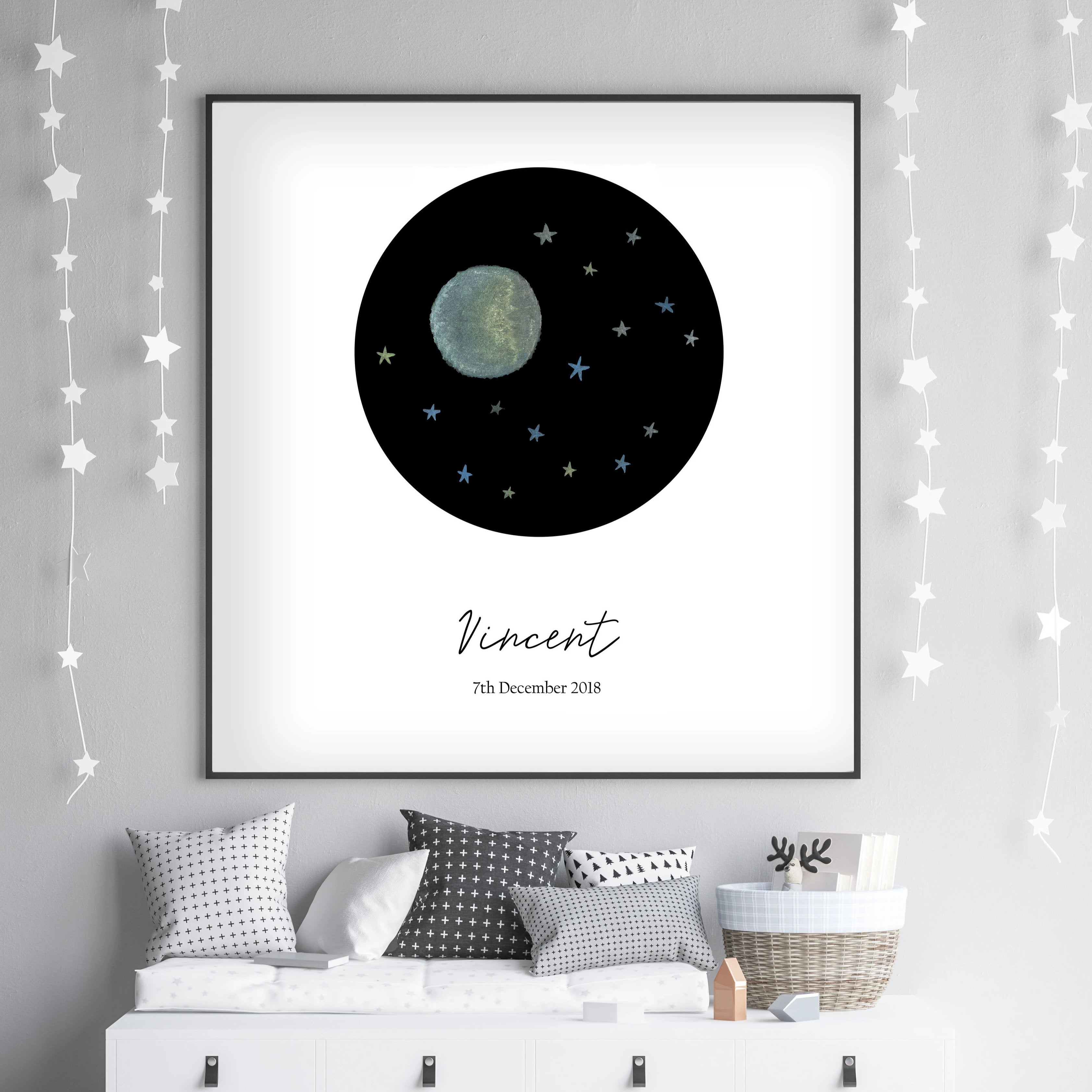 Customized Baby Name Poster - Blue Moon and Stars Nursery - The Small Art Project