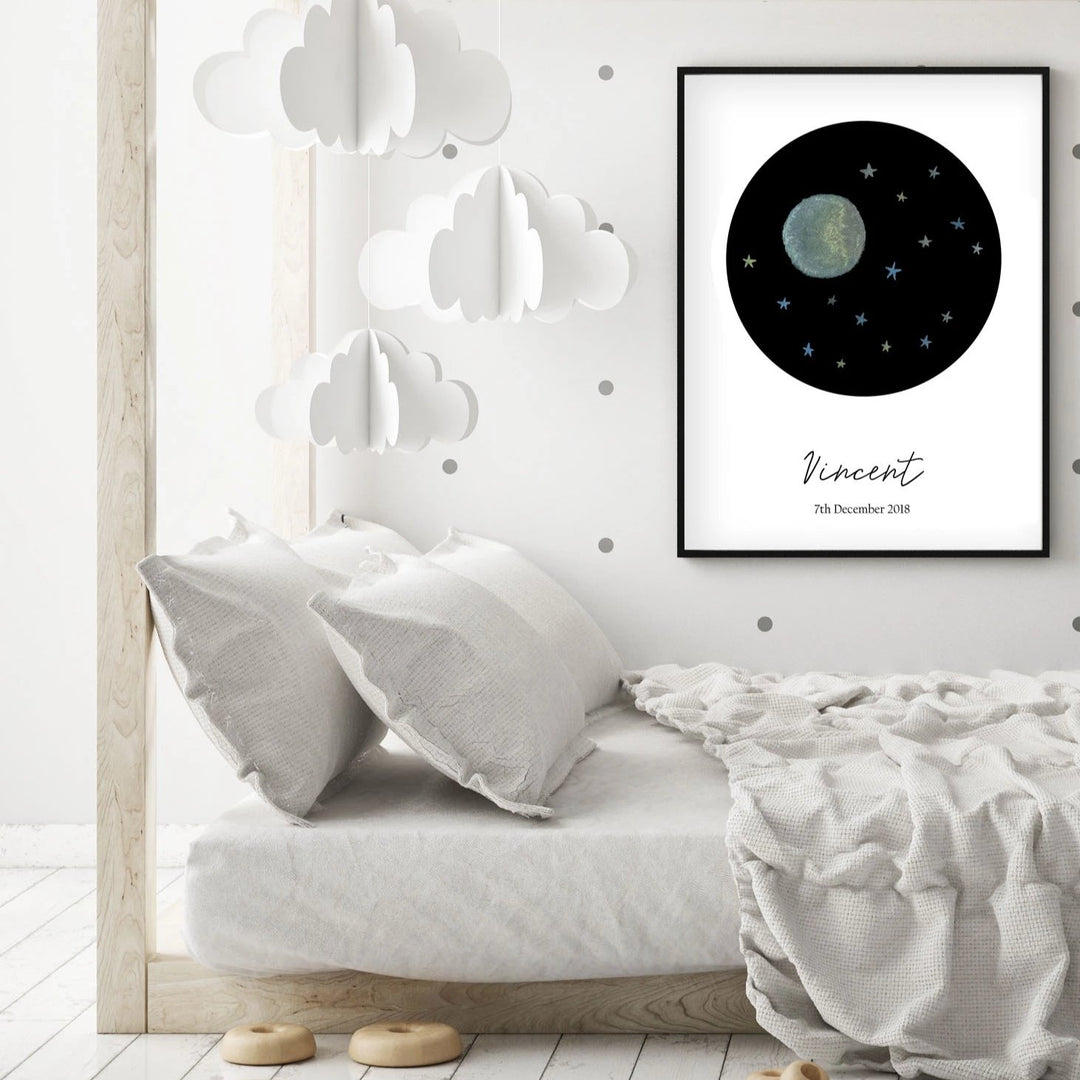 Customized Baby Name Poster - Blue Moon and Stars Nursery - The Small Art Project