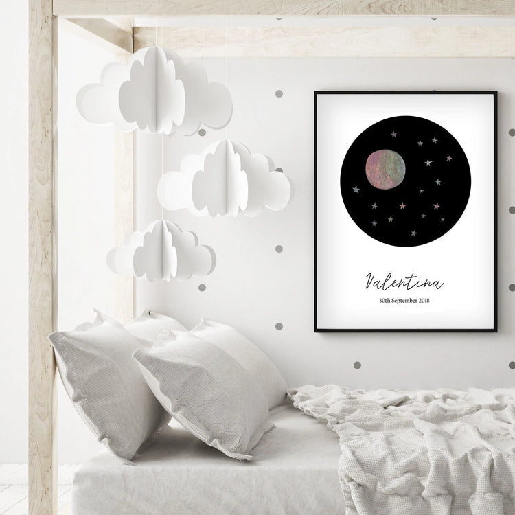 Customized Baby Name Poster - Pink Moon and Stars Nursery - The Small Art Project