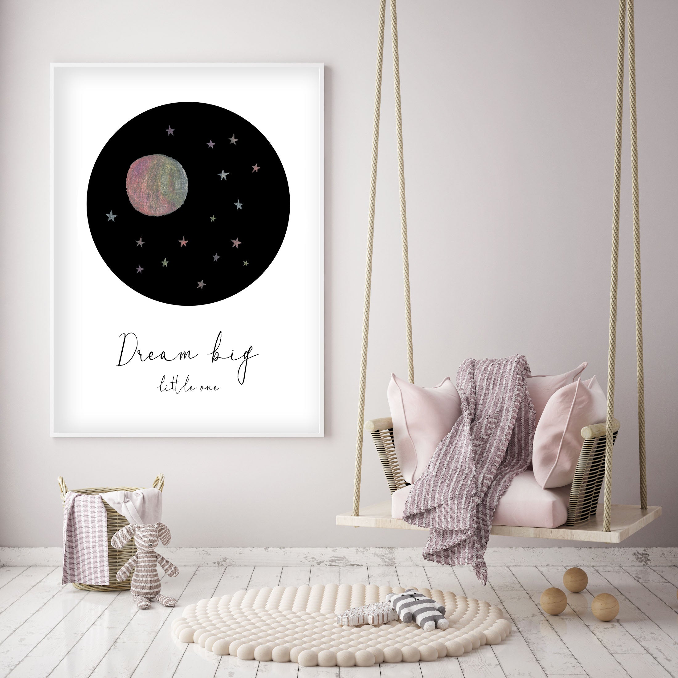 Dream Big Little One - Pink Moon and Stars Nursery - The Small Art Project