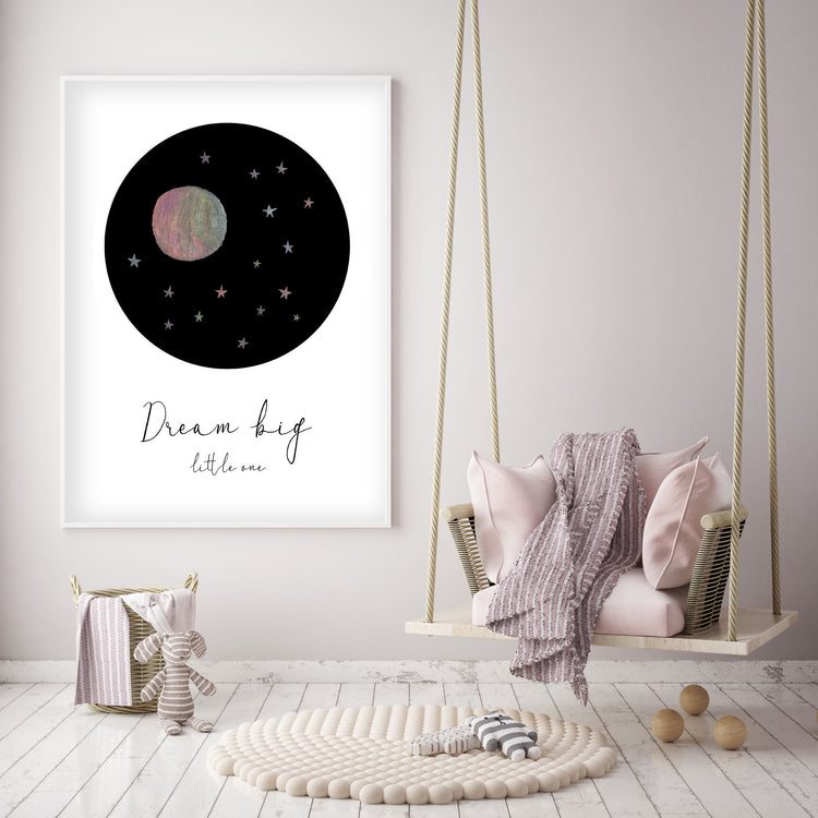Dream Big Little One - Pink Moon and Stars Nursery - The Small Art Project