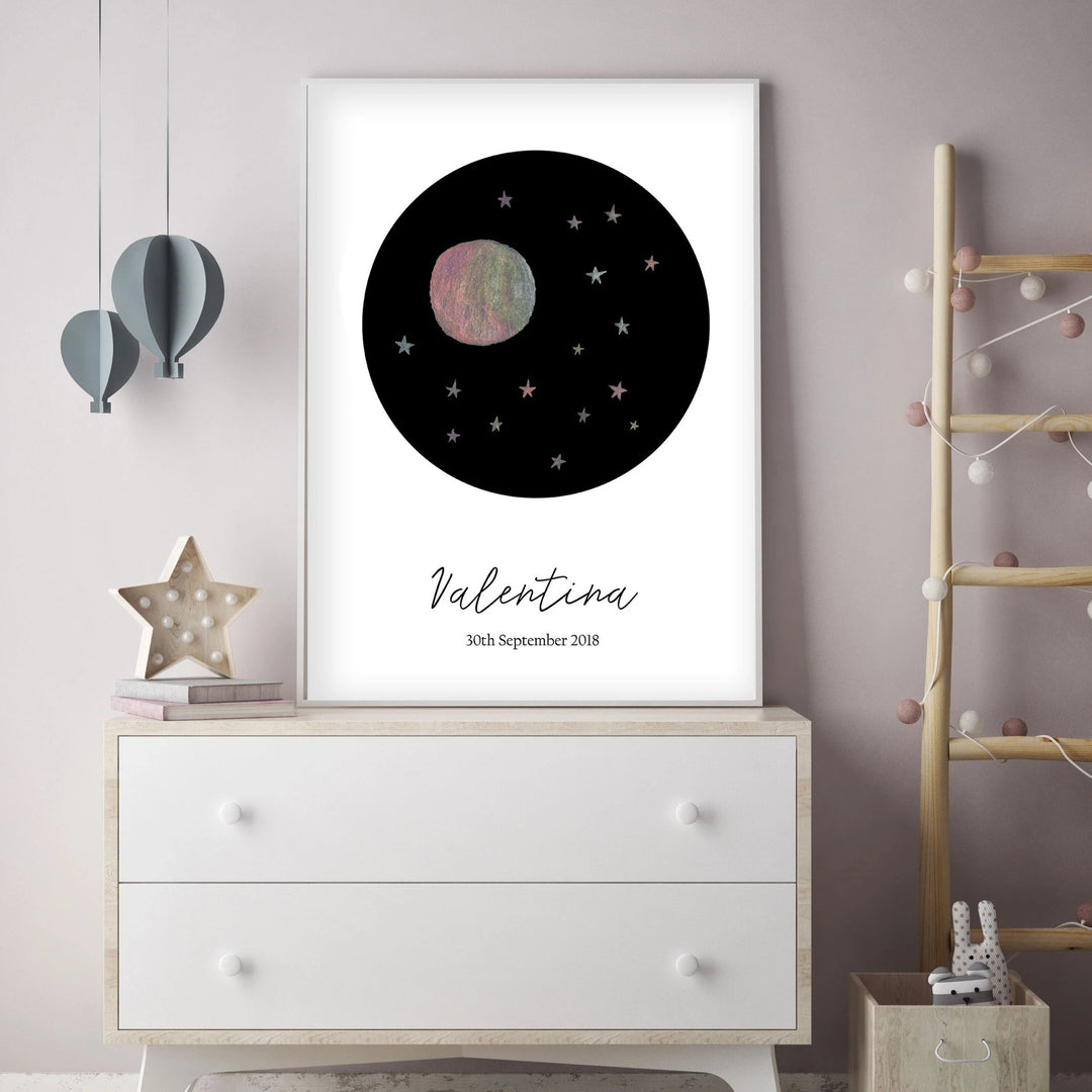 Customized Baby Name Poster - Pink Moon and Stars Nursery - The Small Art Project