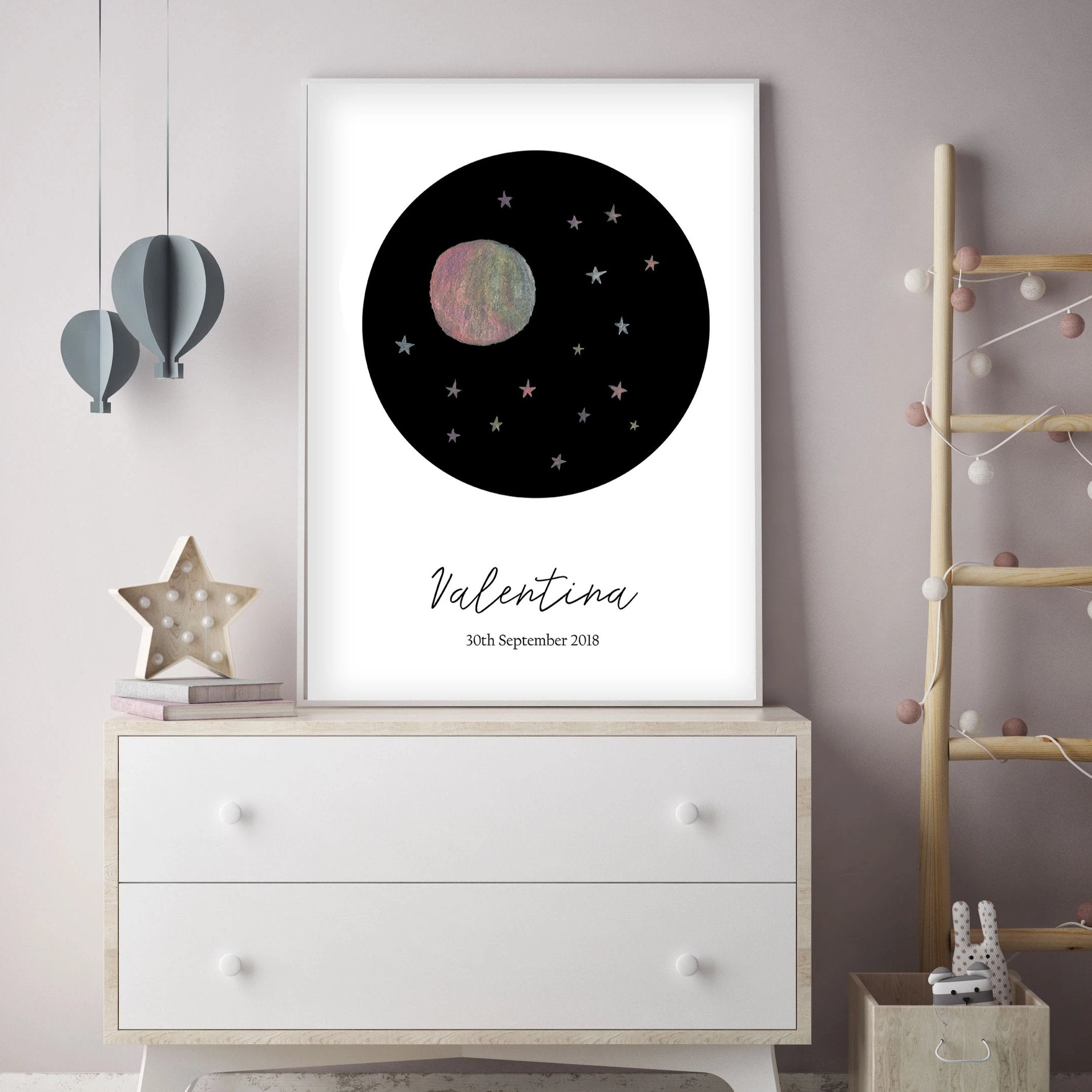 Customized Baby Name Poster - Pink Moon and Stars Nursery - The Small Art Project