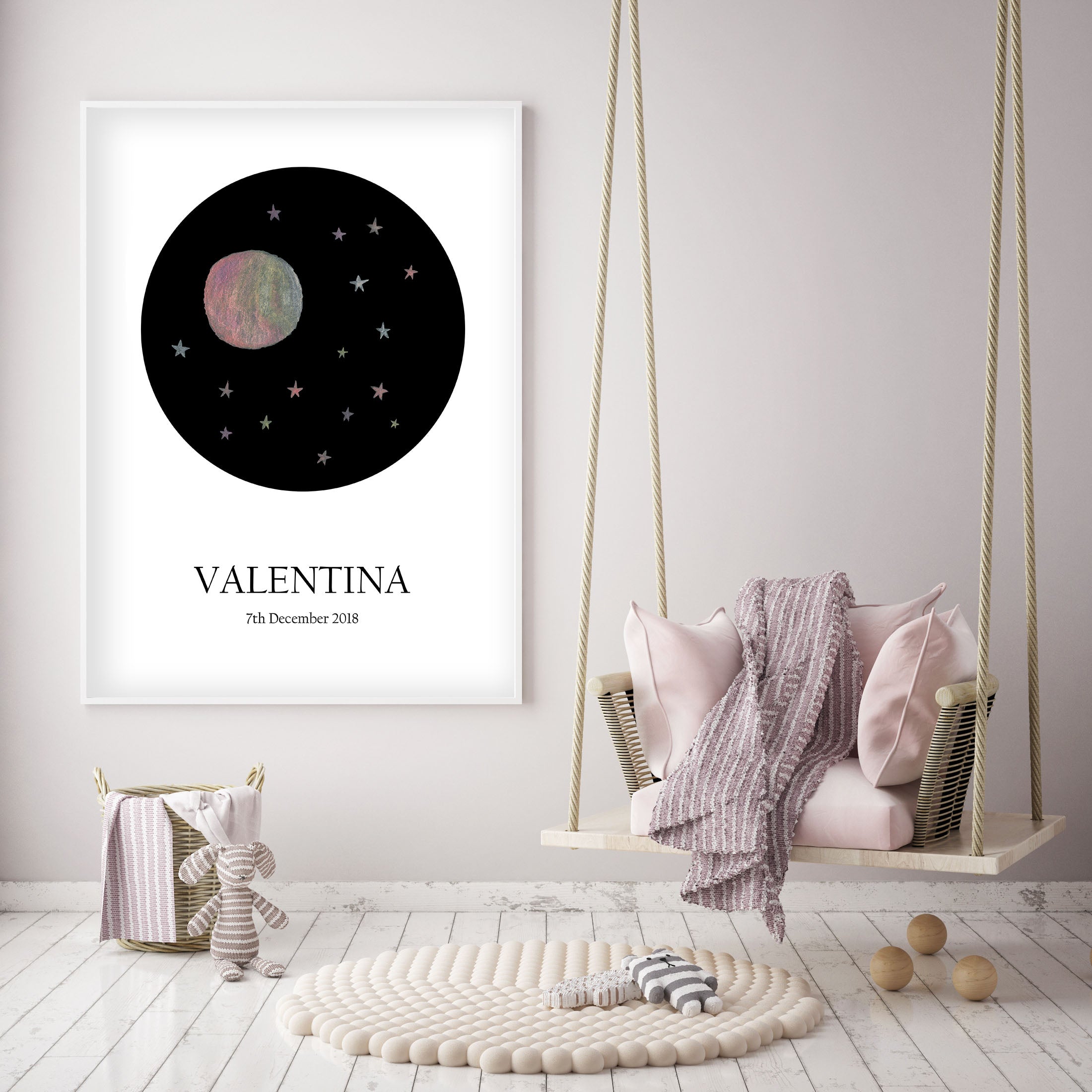 Customized Baby Name Poster - Pink Moon and Stars Nursery - The Small Art Project