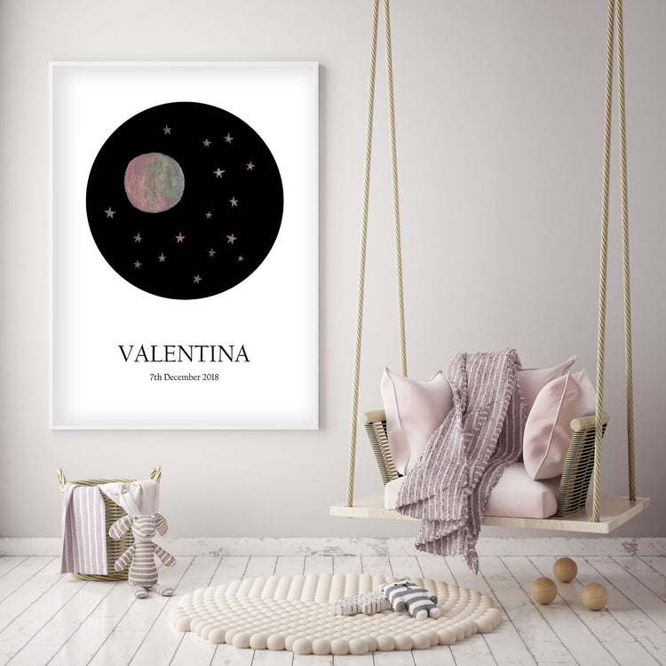 Customized Baby Name Poster - Pink Moon and Stars Nursery - The Small Art Project