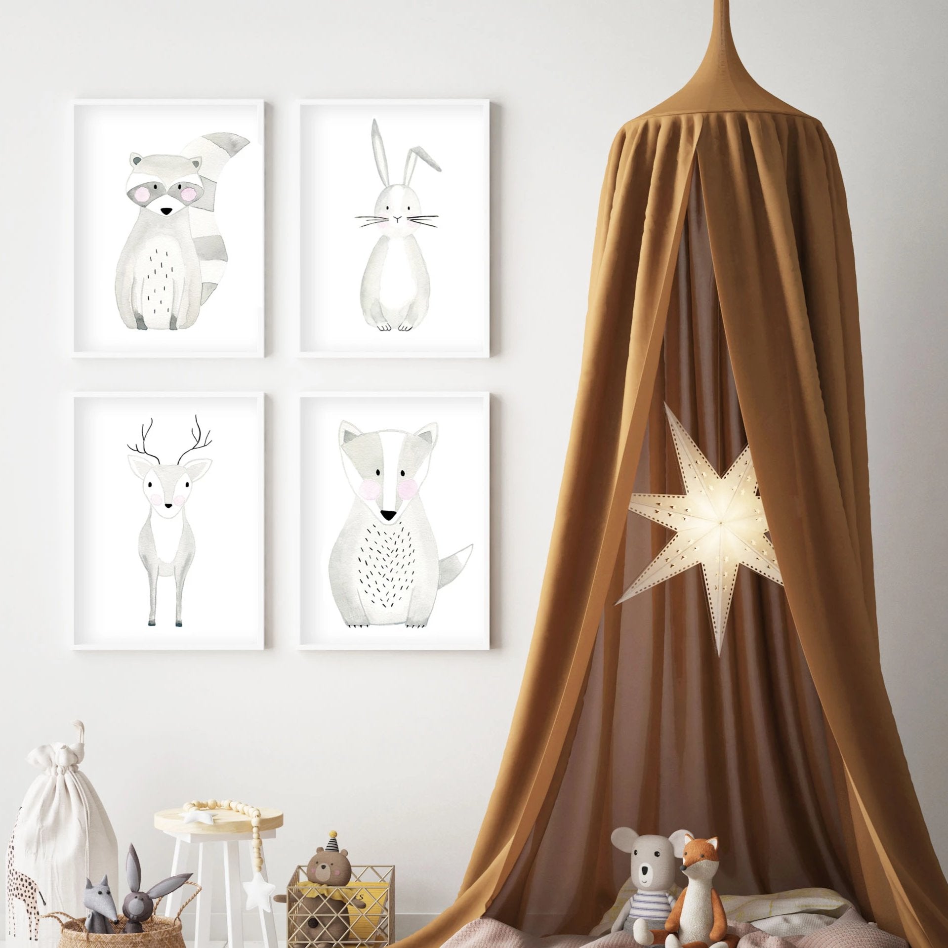 Set of 4 Woodland Animals - Watercolor Nursery Wall Art - The Small Art Project
