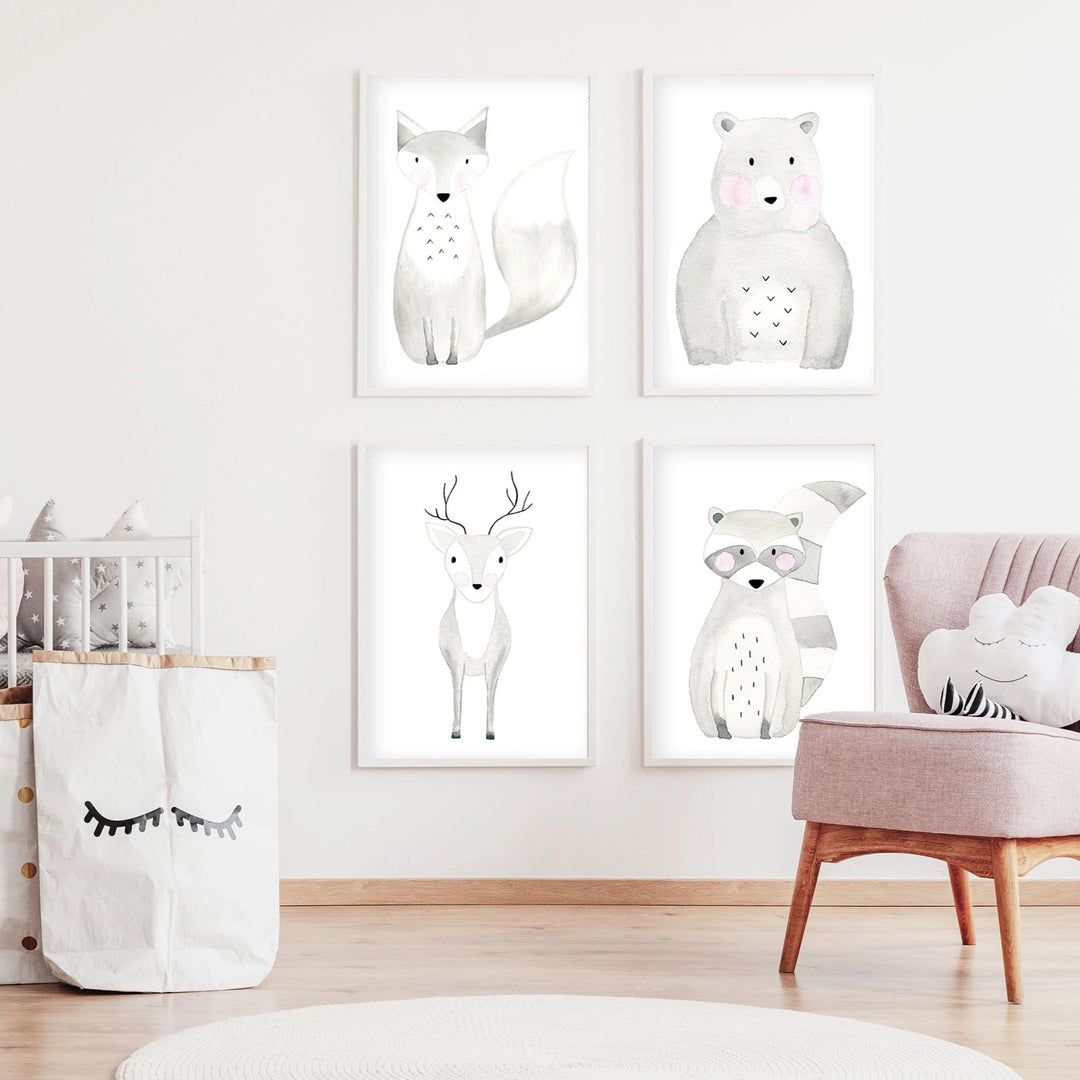 Set of 4 Woodland Animals - Watercolor Nursery Wall Art - The Small Art Project