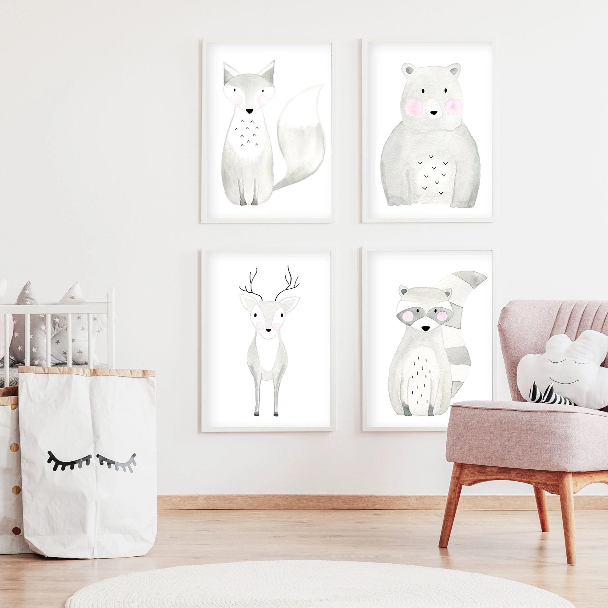 Set of 4 Woodland Animals - Watercolor Nursery Wall Art - The Small Art Project