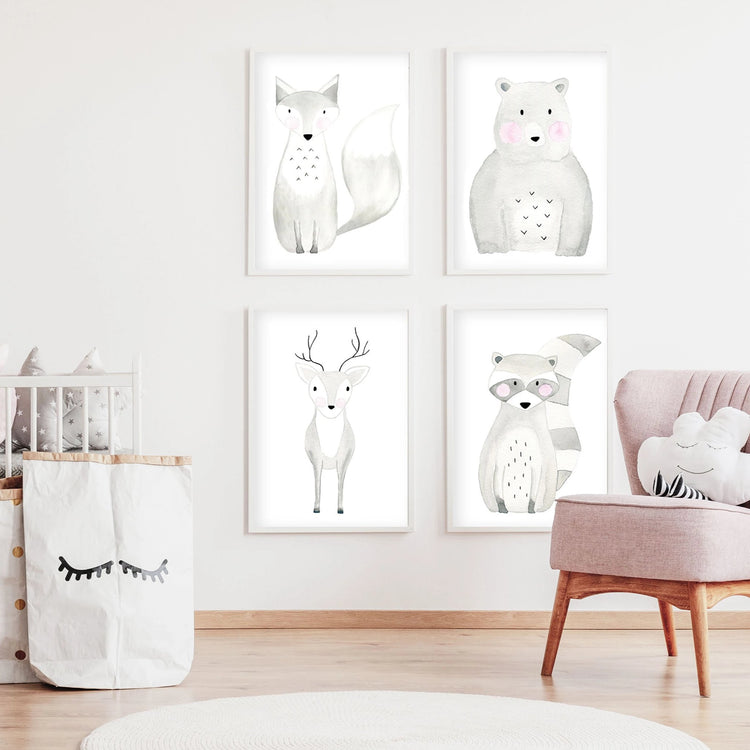 Set of 4 Woodland Animals - Watercolor Nursery Wall Art - The Small Art Project
