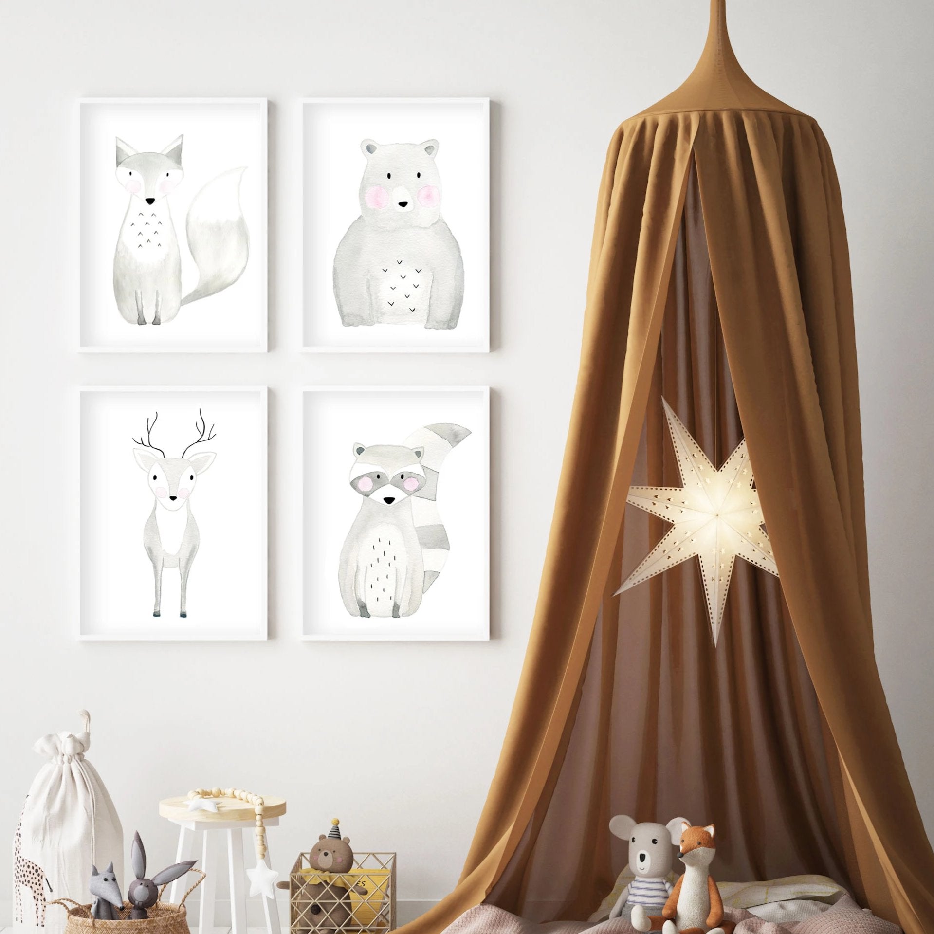 Set of 4 Woodland Animals - Watercolor Nursery Wall Art - The Small Art Project