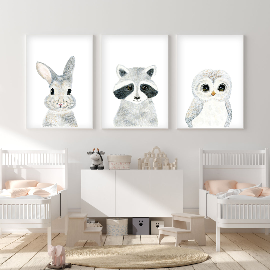 Set of 3 Baby Woodland Animals - Watercolor Nursery Wall Art - The Small Art Project