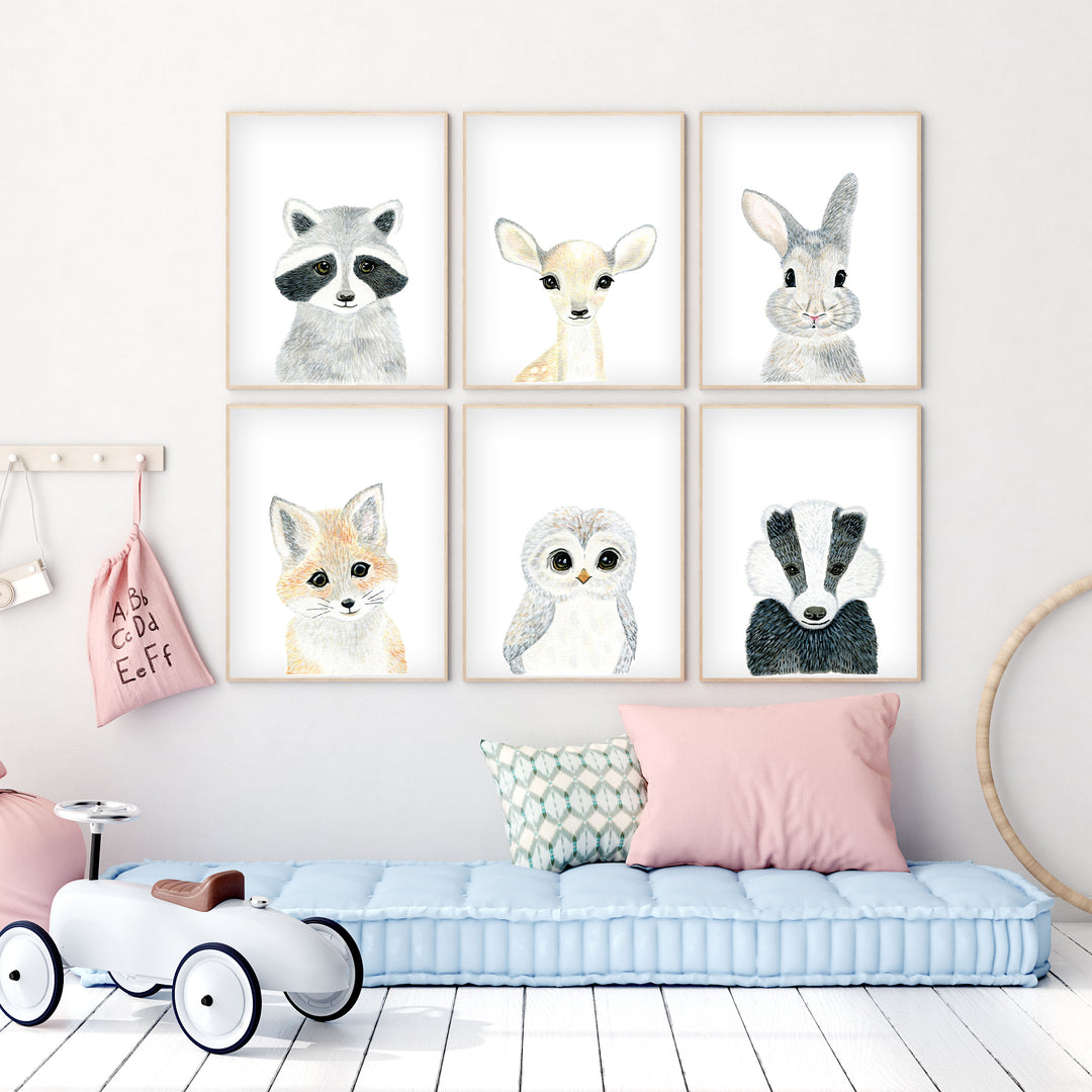 Set of 6 Baby Woodland Animals - Watercolor Nursery Wall Art - The Small Art Project