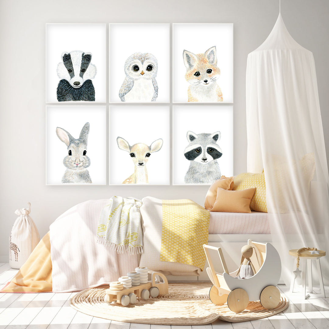 Set of 6 Baby Woodland Animals - Watercolor Nursery Wall Art - The Small Art Project
