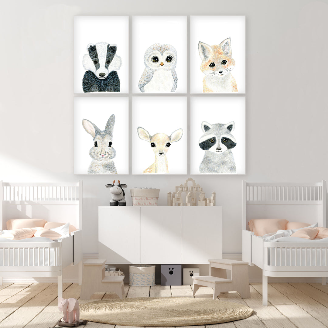 Set of 6 Baby Woodland Animals - Watercolor Nursery Wall Art - The Small Art Project