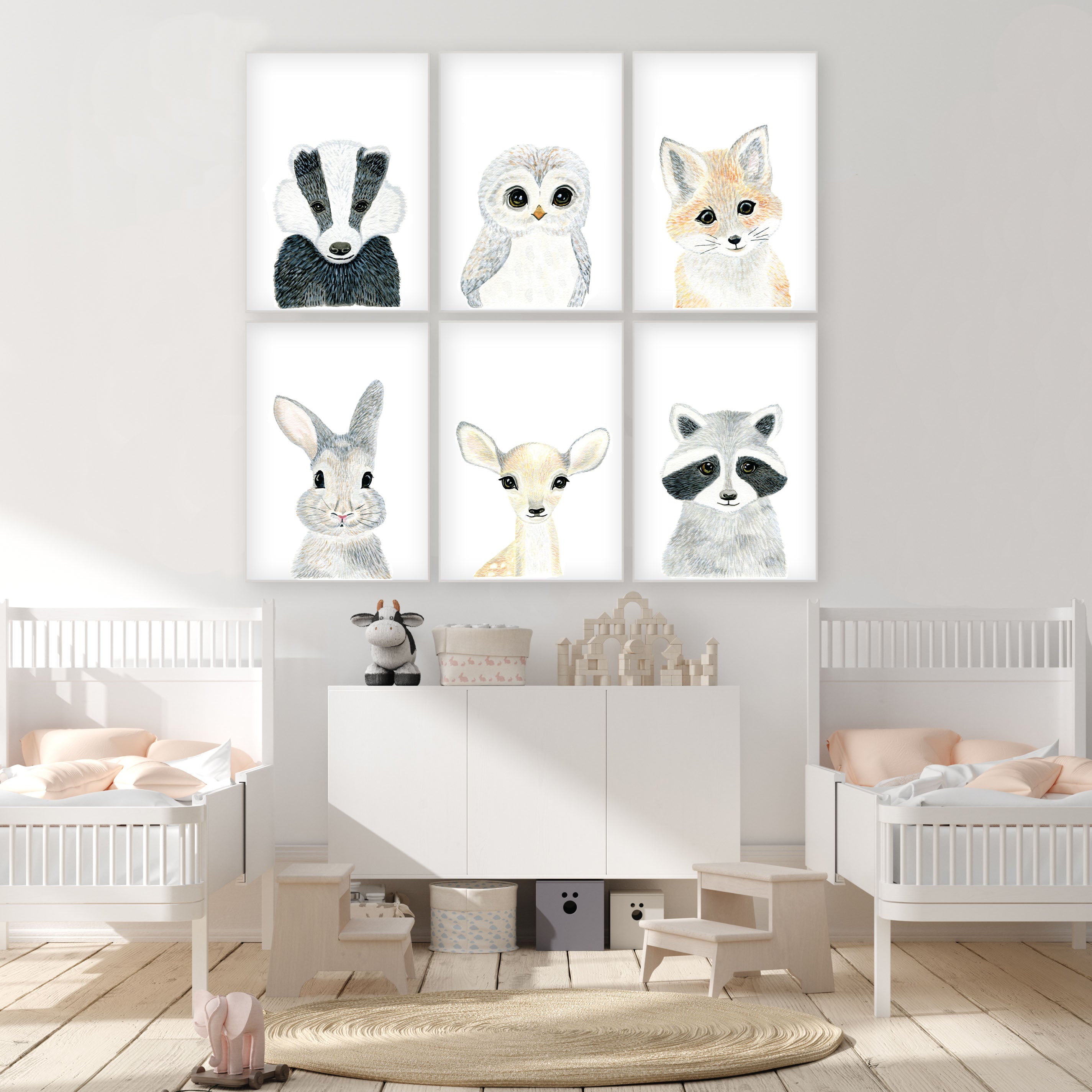 Set of 6 Baby Woodland Animals - Watercolor Nursery Wall Art - The Small Art Project
