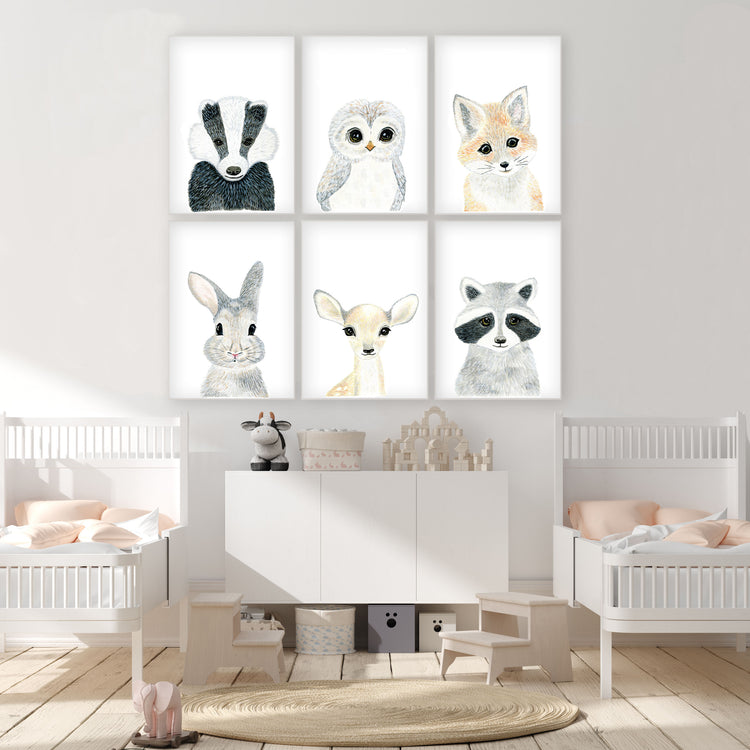 Set of 6 Baby Woodland Animals - Watercolor Nursery Wall Art - The Small Art Project