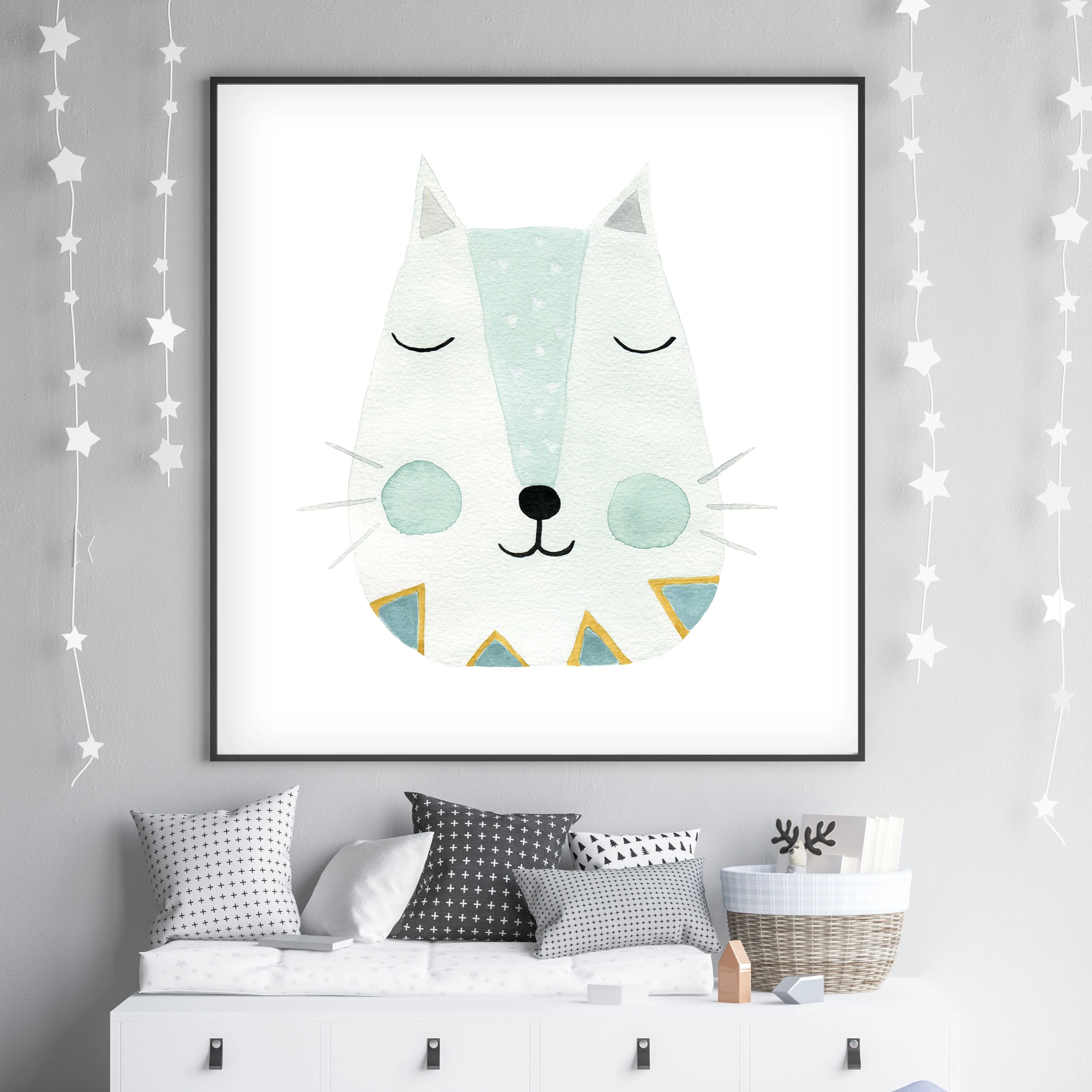 Green Kitty - Cat Nursery Wall Art - The Small Art Project