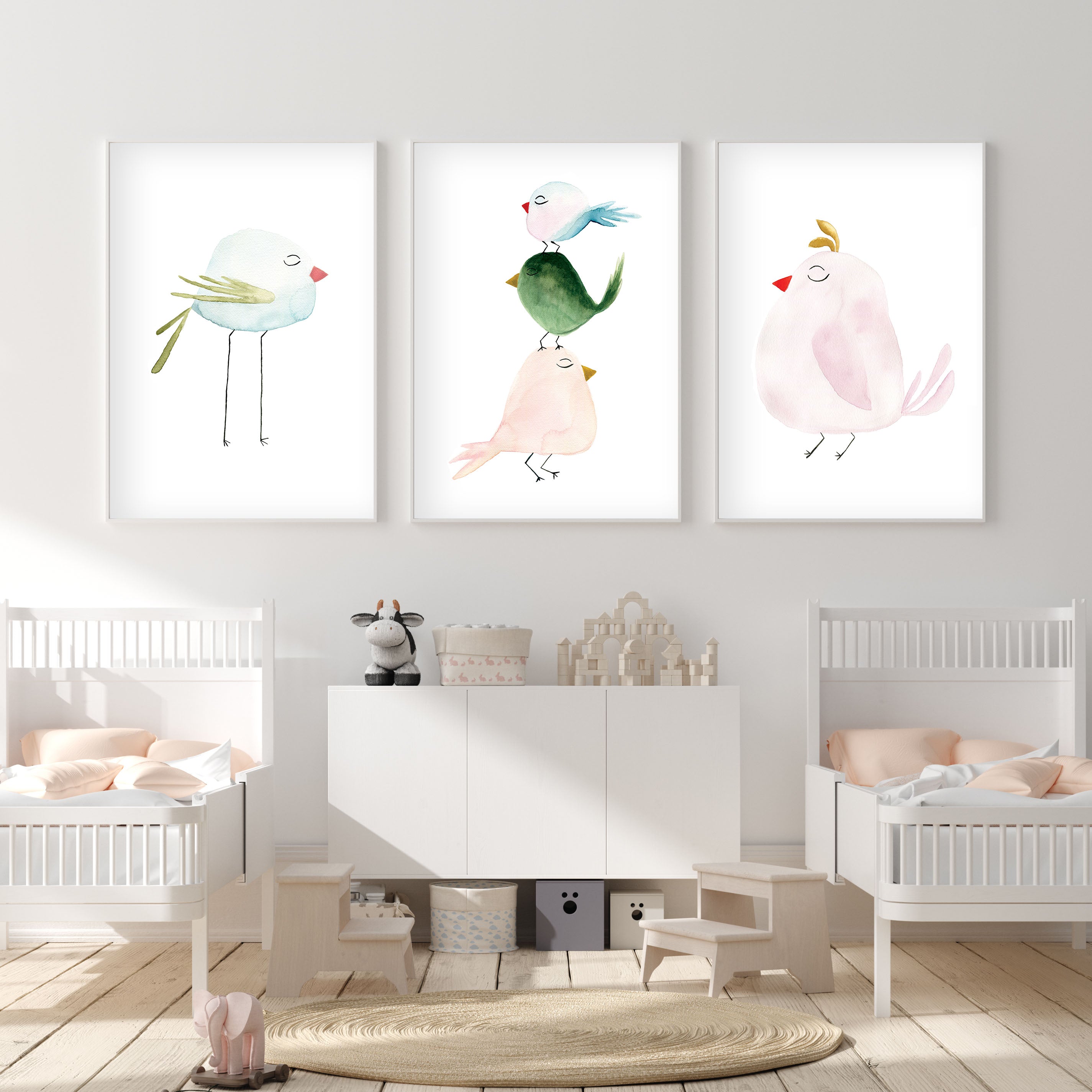 Set of 3 Pastel Birds - Watercolor Nursery Wall Art - The Small Art Project