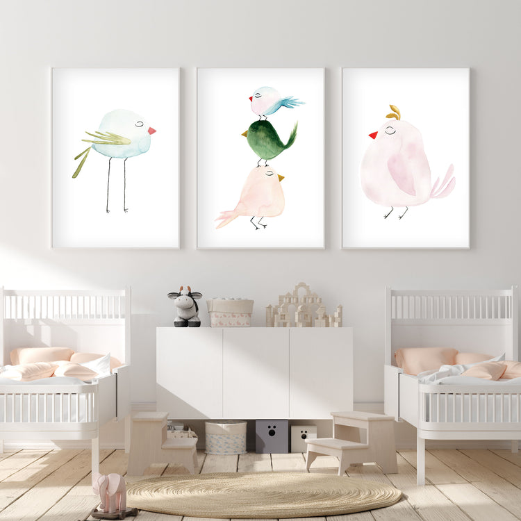 Set of 3 Pastel Birds - Watercolor Nursery Wall Art - The Small Art Project