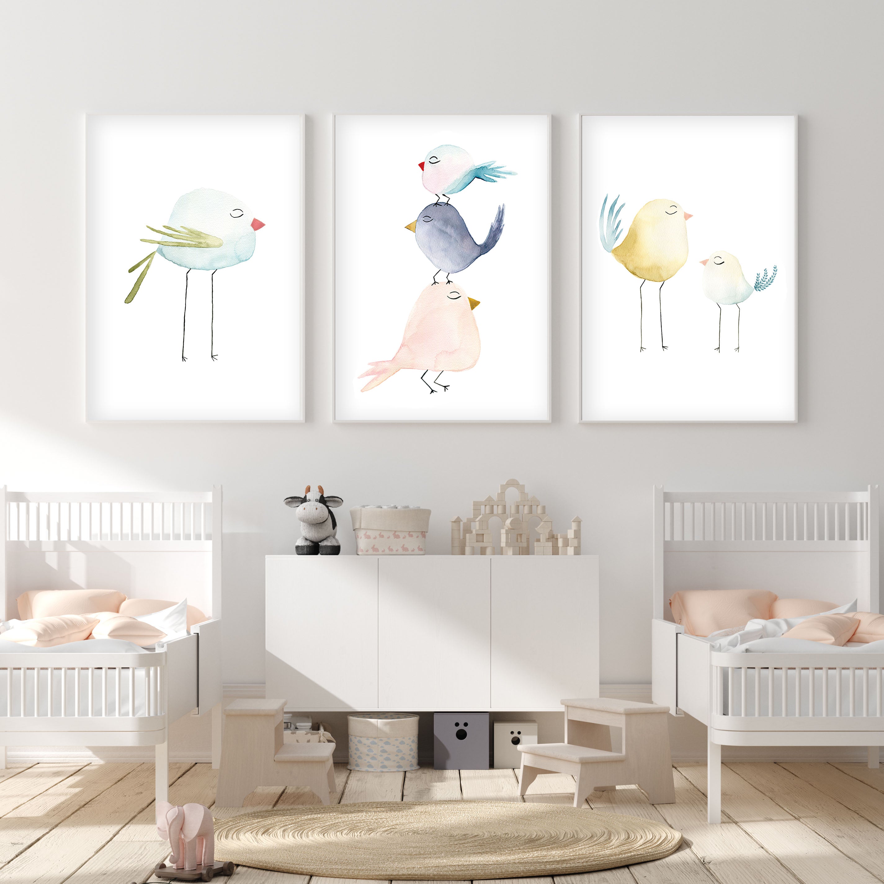 Set of 3 Pastel Birds - Watercolor Nursery Wall Art - The Small Art Project