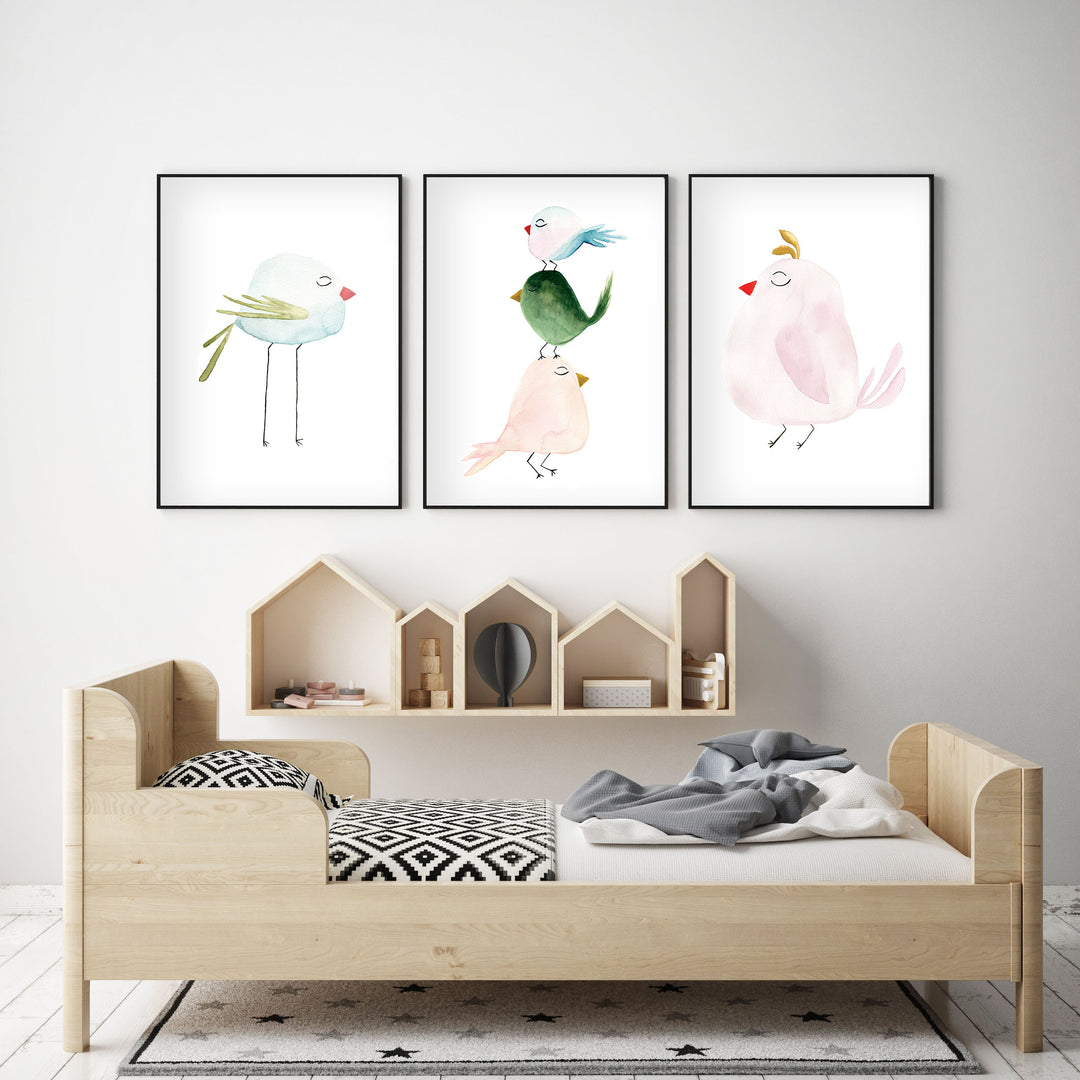 Set of 3 Pastel Birds - Watercolor Nursery Wall Art - The Small Art Project