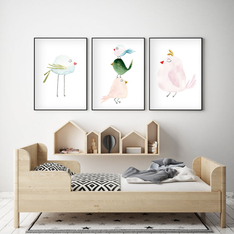 Set of 3 Pastel Birds - Watercolor Nursery Wall Art - The Small Art Project