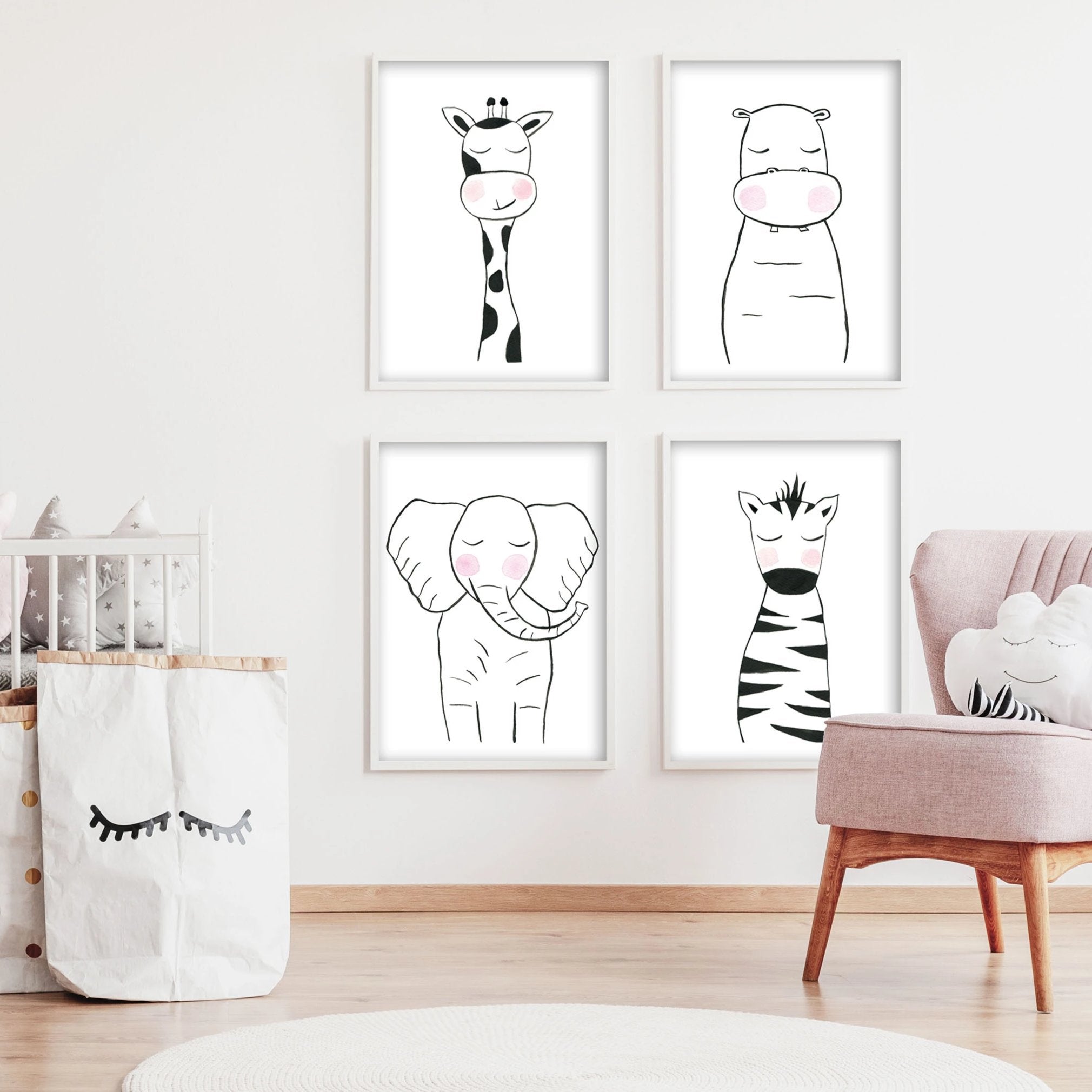 Set of 4 Black & White Animals - Safari Nursery Wall Art - The Small Art Project