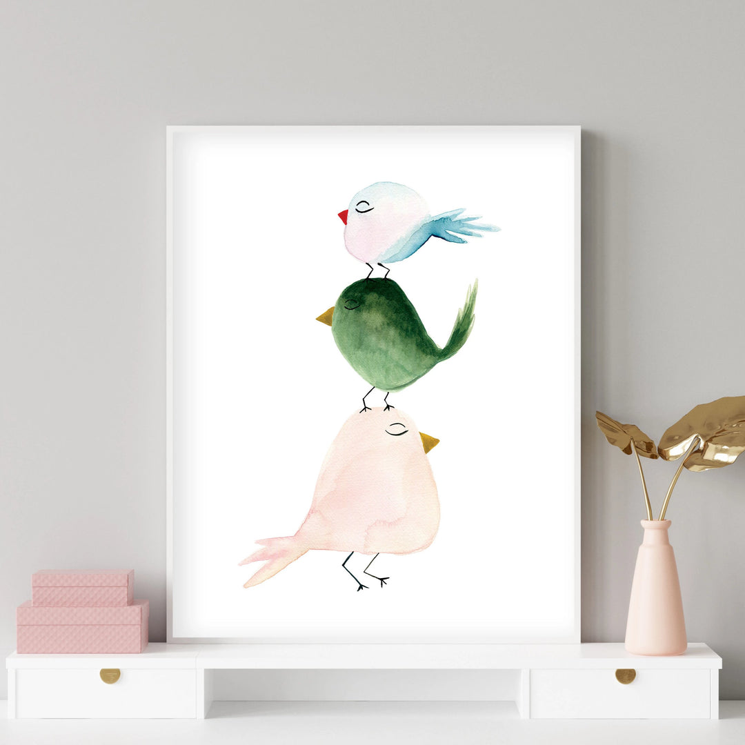 Pastel 3 Birds - Watercolor Nursery Wall Art - The Small Art Project