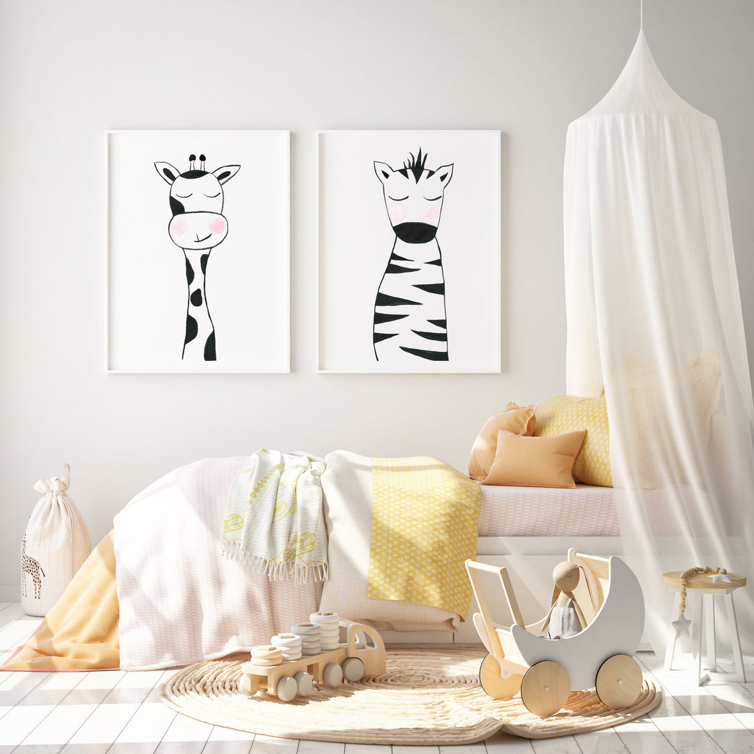 Set of 2 Black & White Animals - Safari Nursery wall art - The Small Art Project