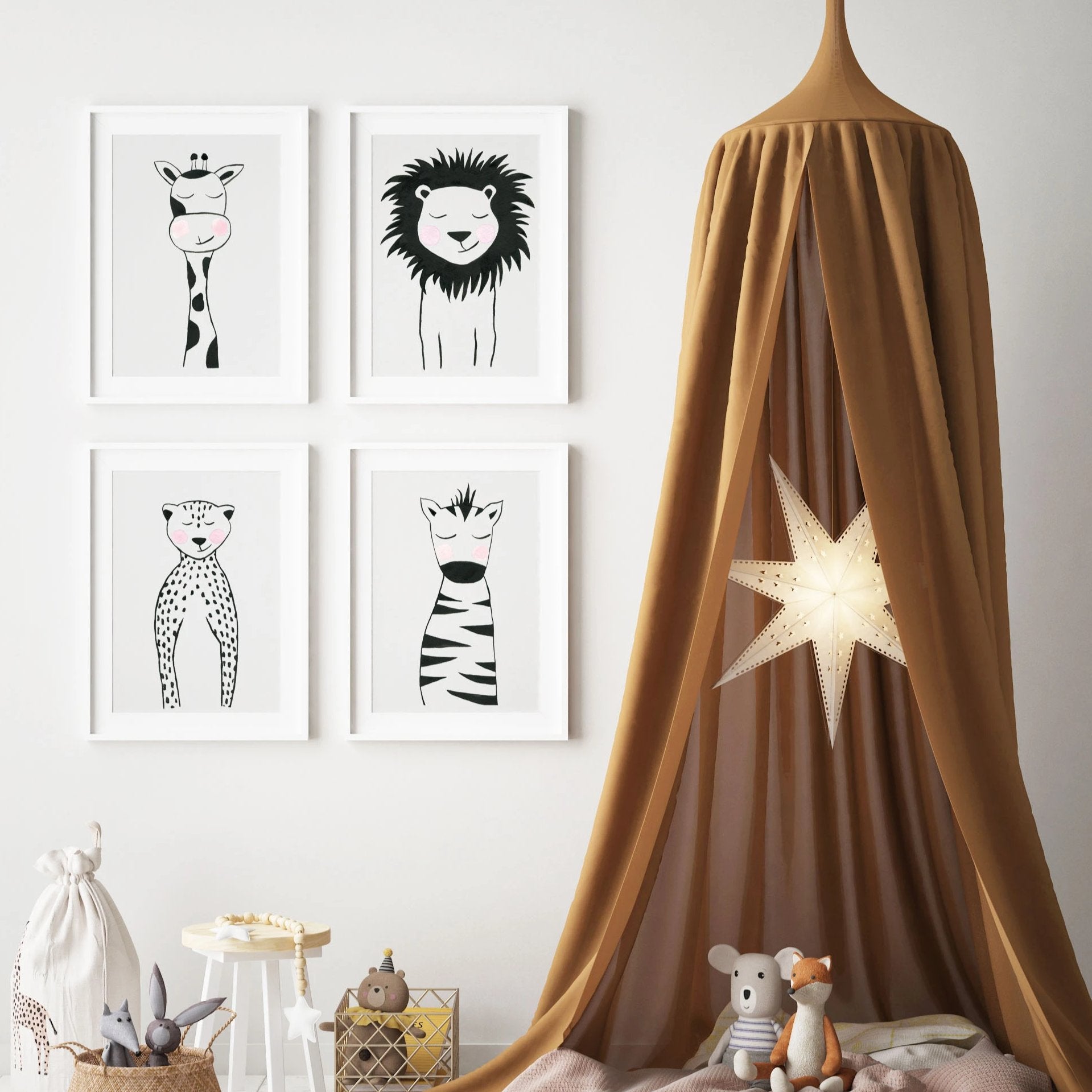 Set of 4 Black & White Animals - Safari Nursery Wall Art - The Small Art Project