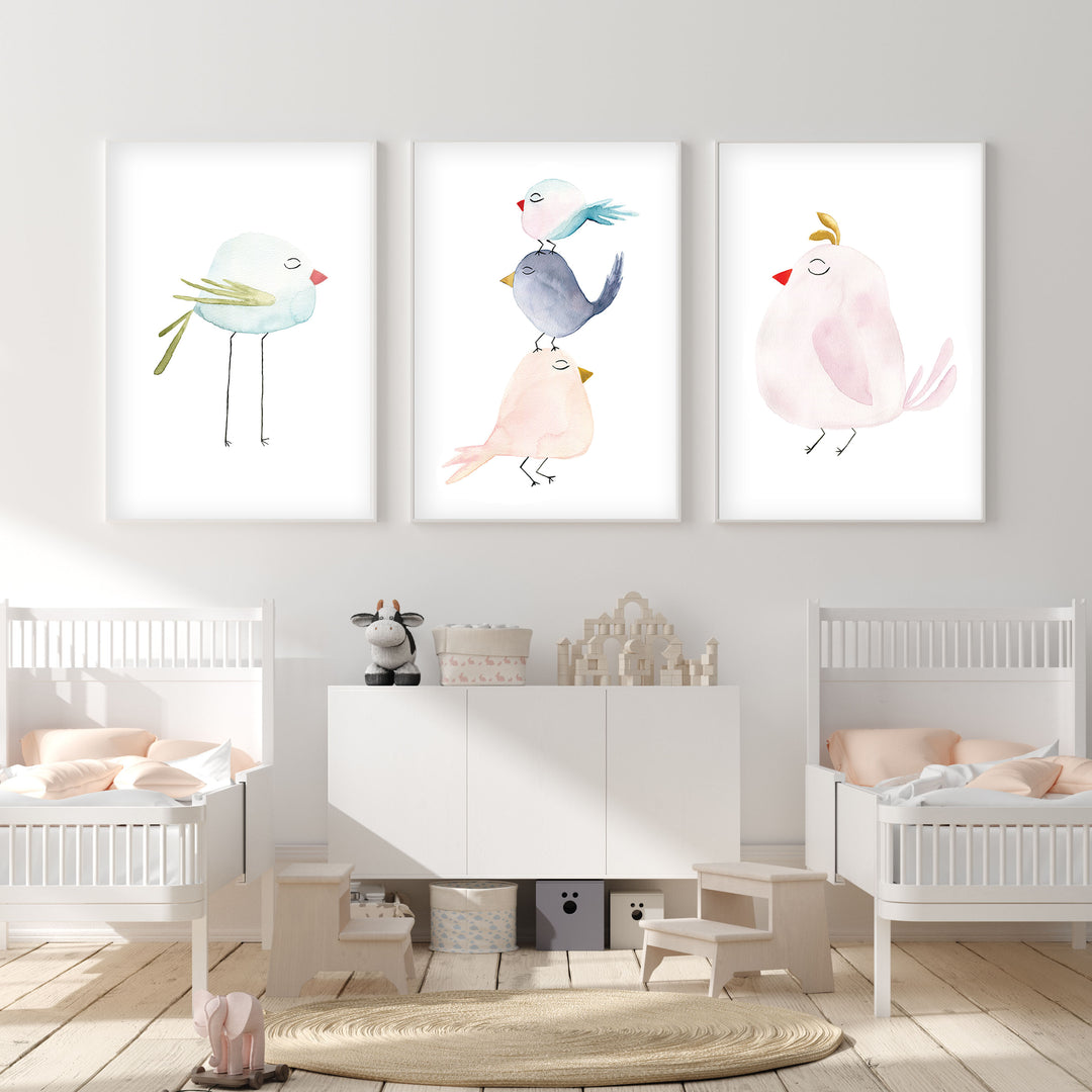 Set of 3 Pastel Birds - Watercolor Nursery Wall Art - The Small Art Project