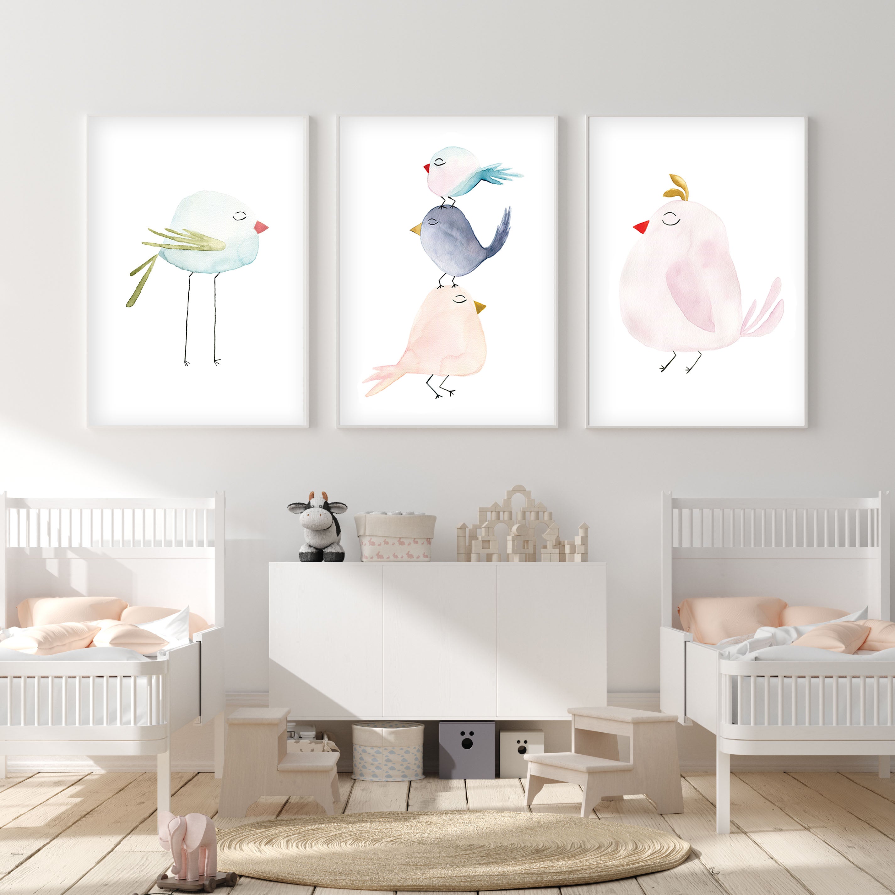 Set of 3 Pastel Birds - Watercolor Nursery Wall Art - The Small Art Project