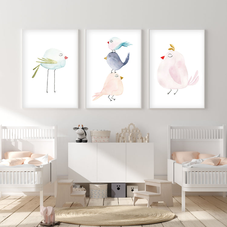 Set of 3 Pastel Birds - Watercolor Nursery Wall Art - The Small Art Project
