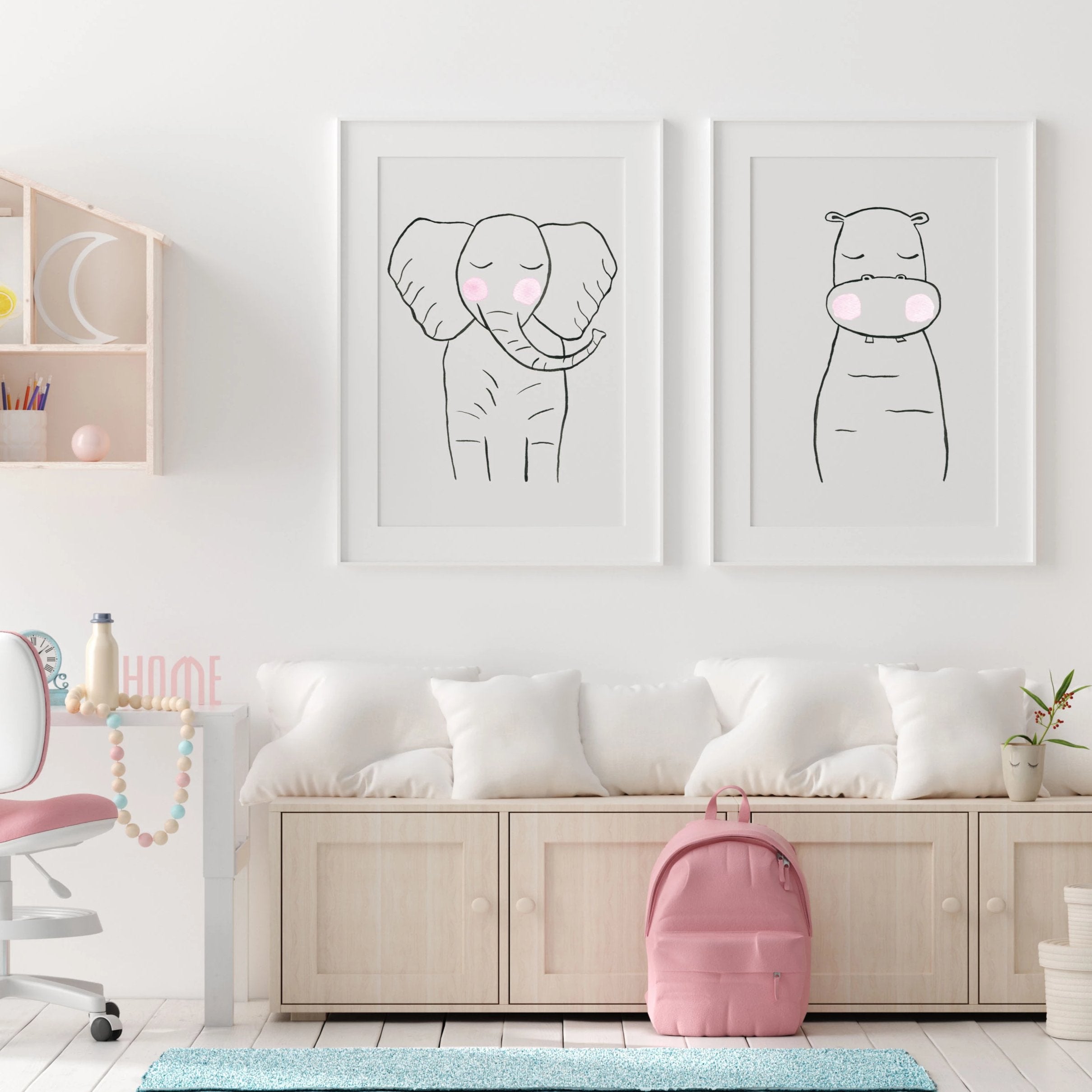 Set of 2 Black & White Animals - Safari Nursery wall art - The Small Art Project