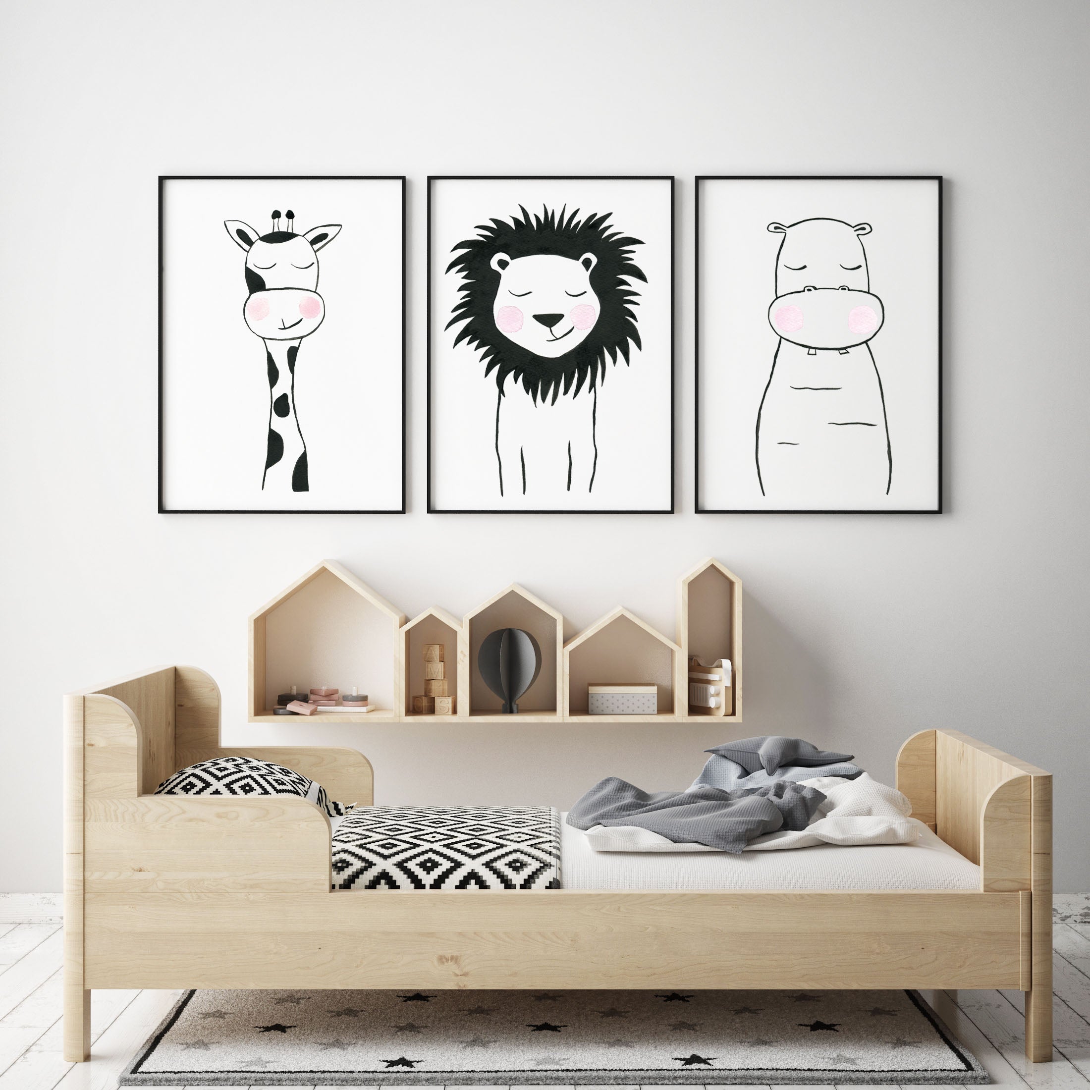 Set of 3 Black & White Animals - Safari Nursery Wall Art - The Small Art Project