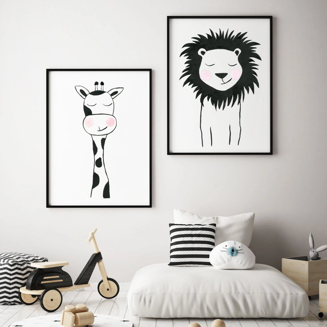 Set of 2 Black & White Animals - Safari Nursery wall art - The Small Art Project