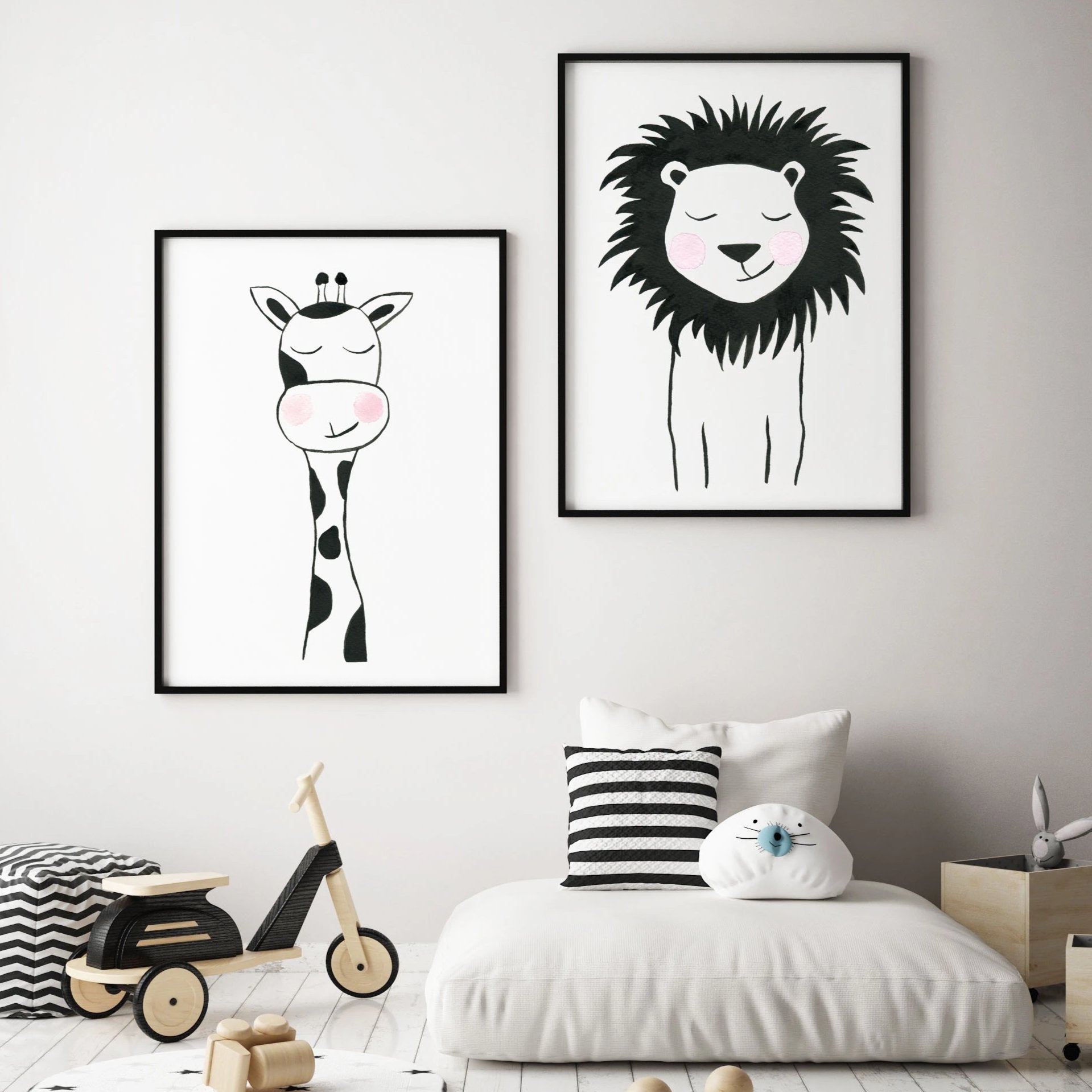 Set of 2 Black & White Animals - Safari Nursery wall art - The Small Art Project