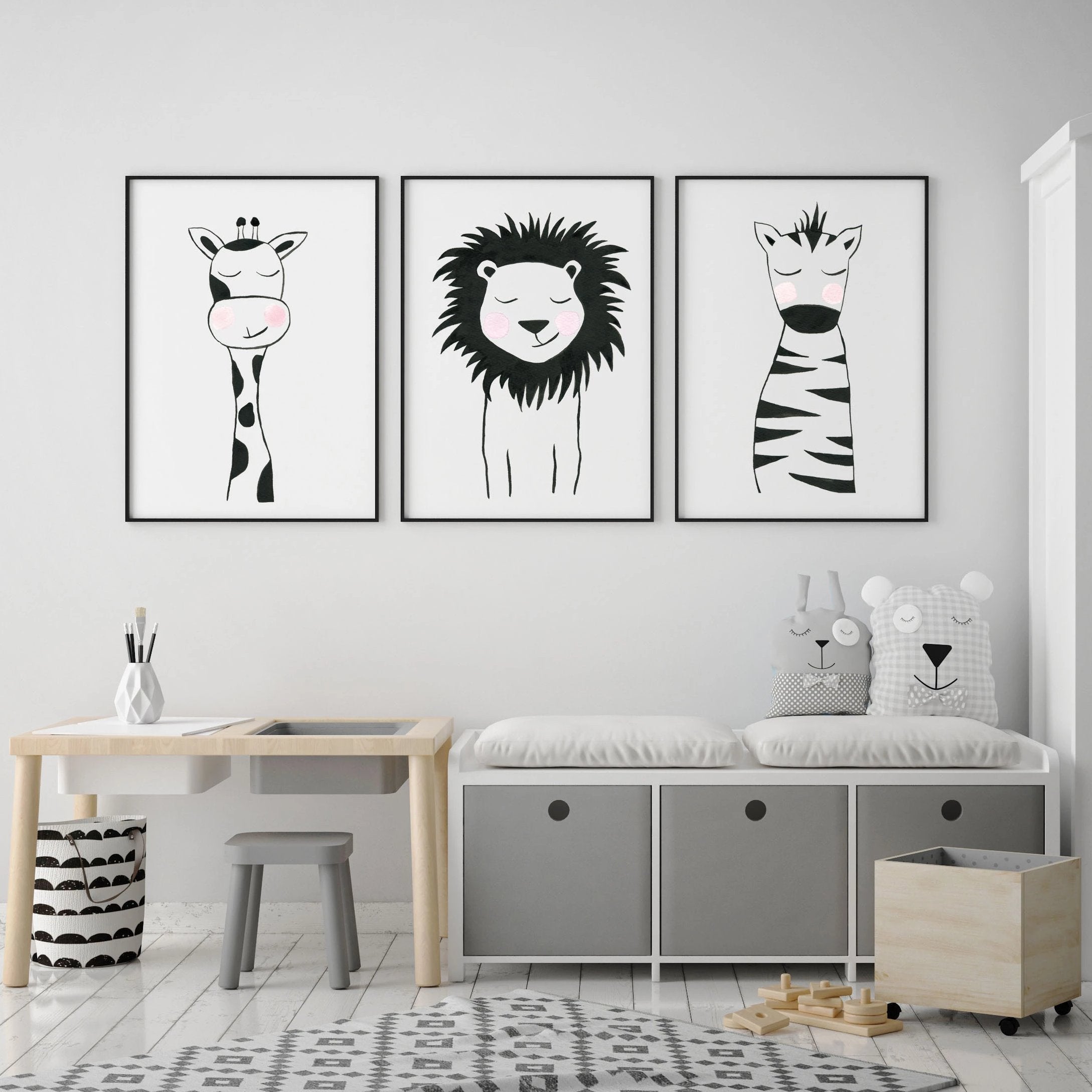 Set of 3 Black & White Animals - Safari Nursery Wall Art - The Small Art Project