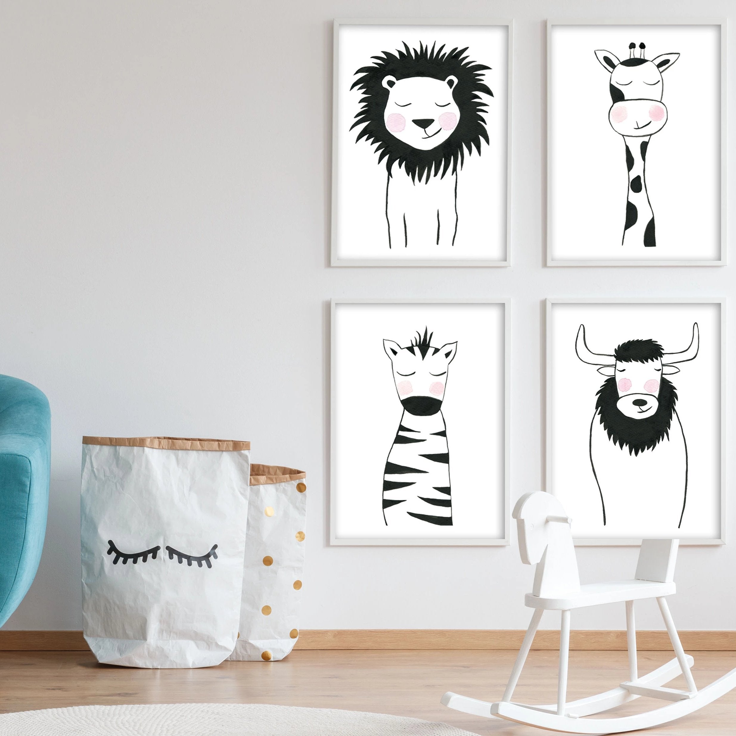 Set of 4 Black & White Animals - Safari Nursery Wall Art - The Small Art Project