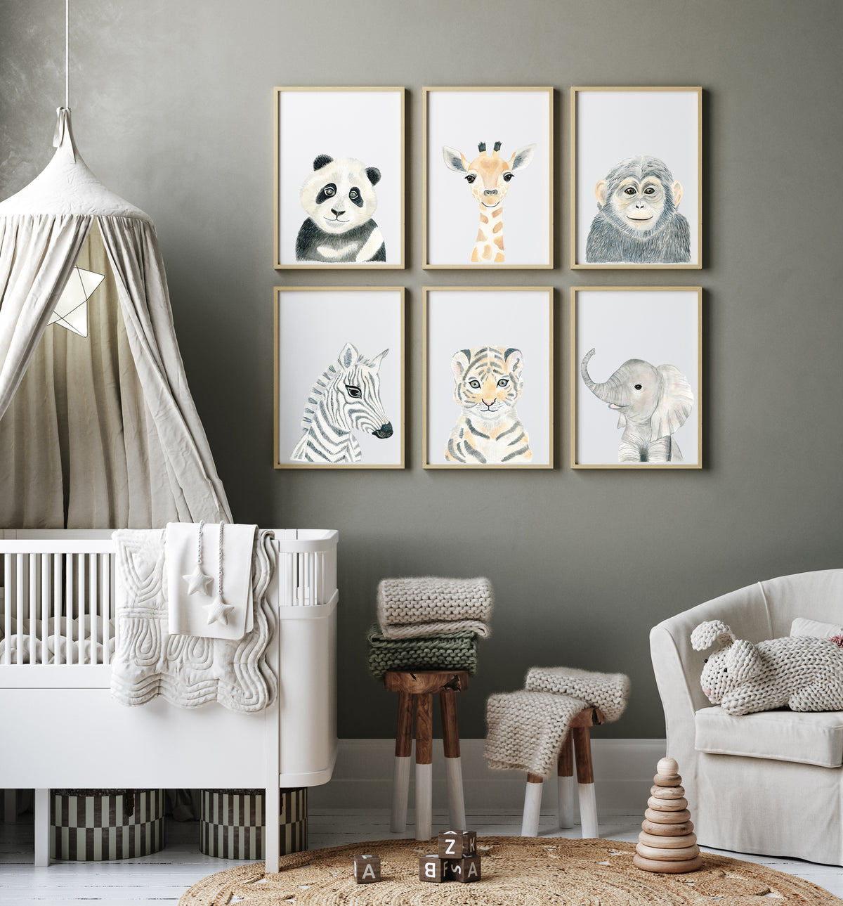 Set of 6 Safari Animals - Nursery Wall Art - The Small Art Project - Modern Nursery Prints