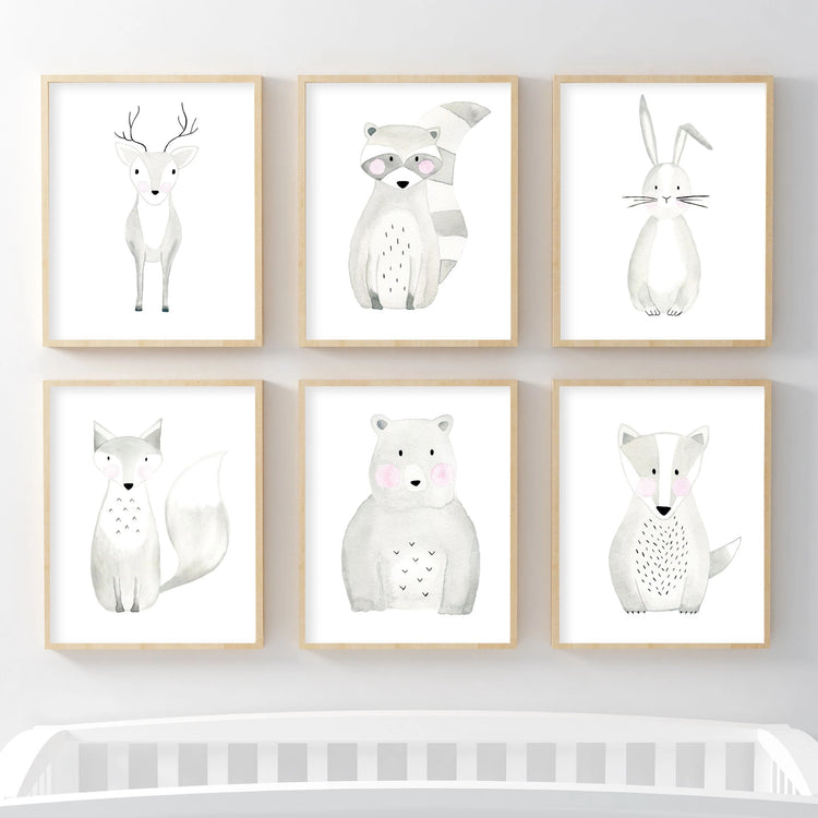 Set of 6 Woodland Animals - Watercolor Nursery Wall Art - The Small Art Project