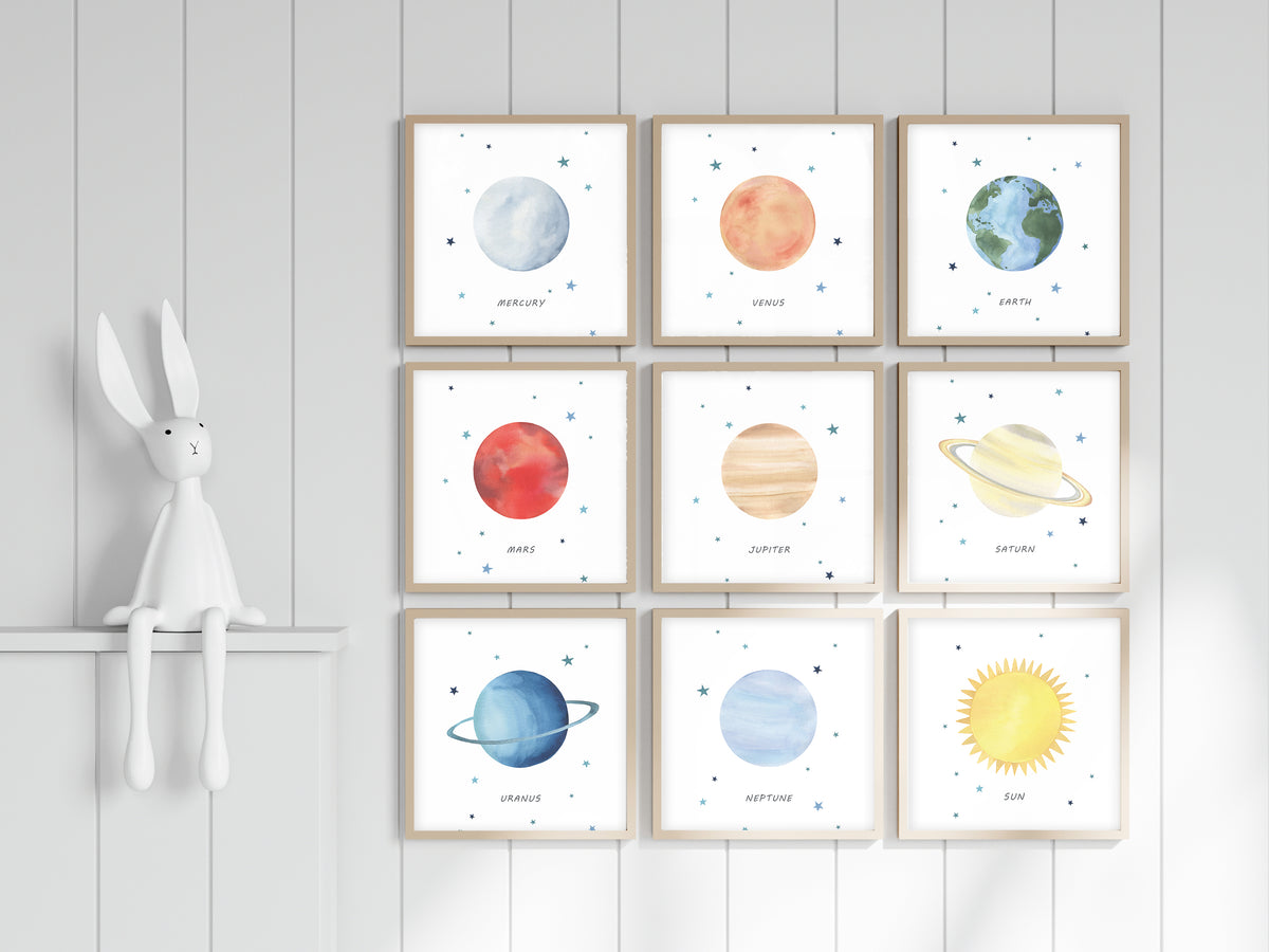 Set of 9 Outer Space Prints - Watercolor Nursery Wall Art - The Small Art Project - Modern Nursery Prints
