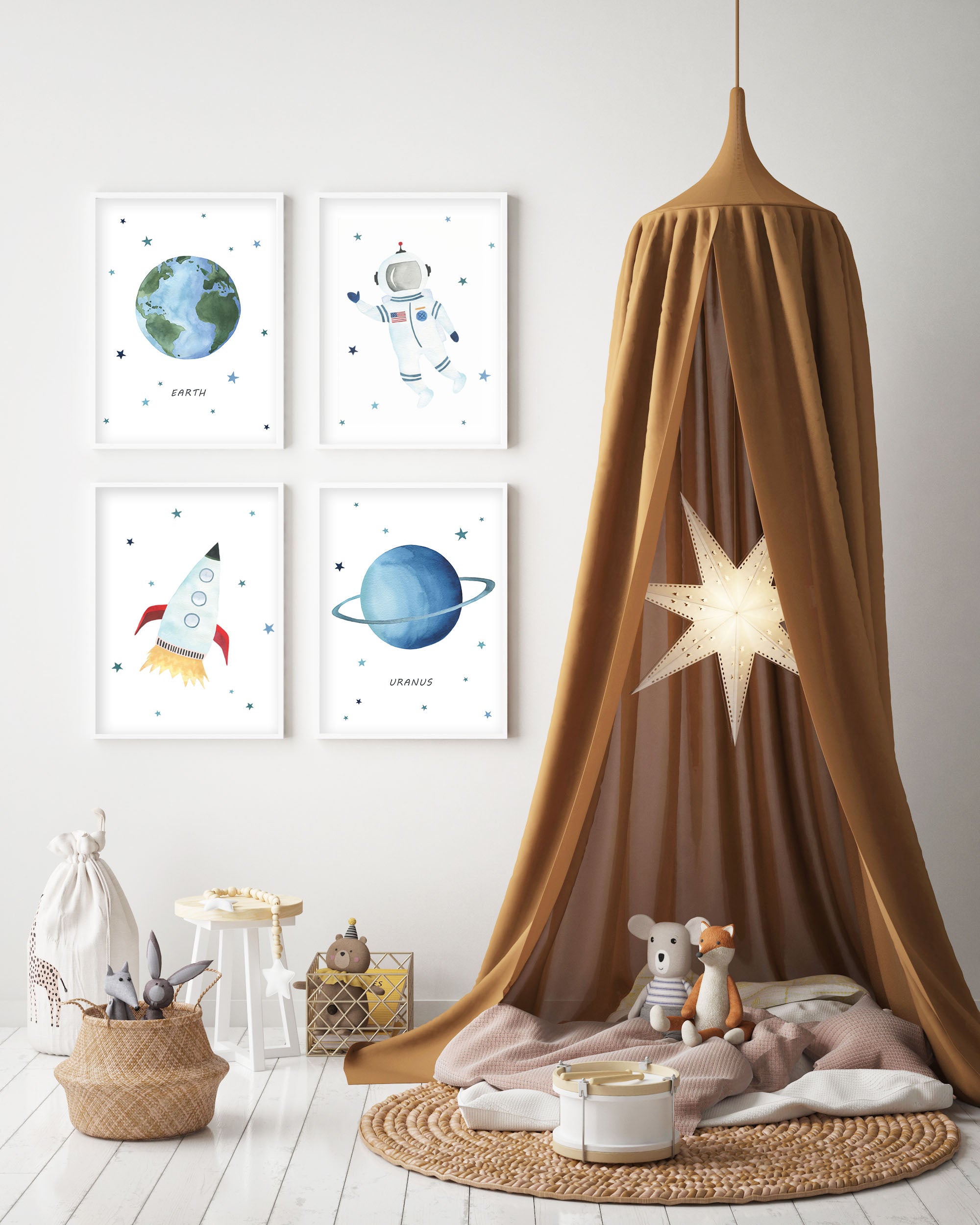 Set of 4 Outer Space Prints - Watercolor Nursery Wall Art - The Small Art Project - Modern Nursery Prints