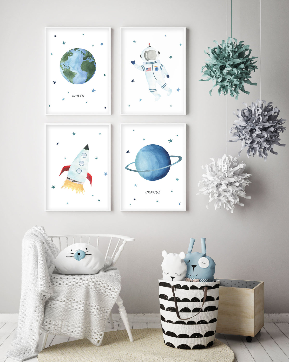 Set of 4 Outer Space Prints - Watercolor Nursery Wall Art - The Small Art Project - Modern Nursery Prints